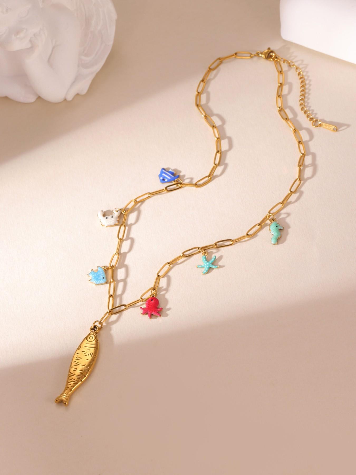 Unique Design Enamel Ocean Fish Sun Seahorse Starfish Charm Gold Necklace Lightweight All Season For Women Vacation Wear