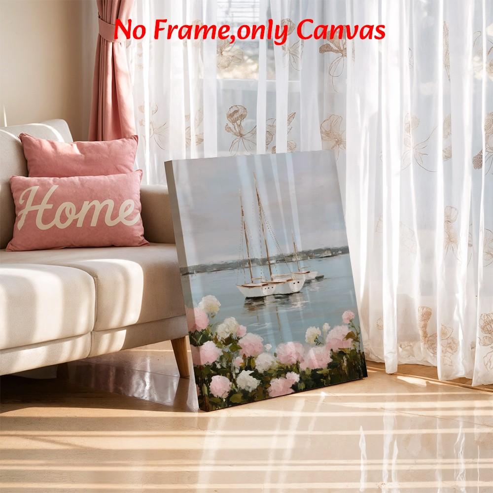 Travel Wall Art, Sailboats On Lake With Hydrangea Poster, Coastal Oil Painting Style Printing, Soft Blue Pink Canvas Decoration, Living Room & Bedroom Aesthetic, Perfect Housewarming Gift, Framed.