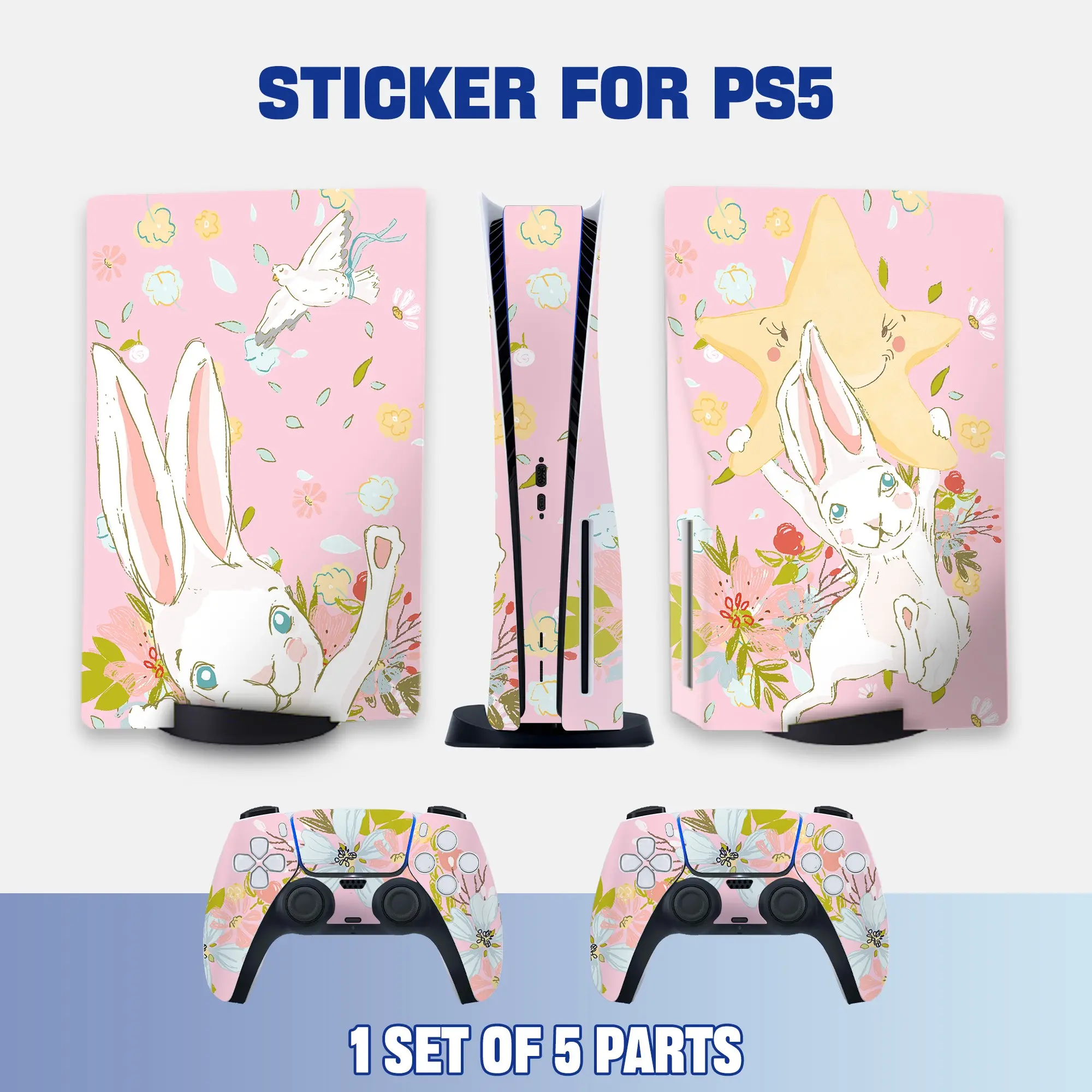 Ps5 Disc Edition Controller Sticker Set, Cute Bunny Flower and Bird Cartoon Hand-Drawn Design, Scratch-Resistant Waterproof Durable Removable Game Console Protection Film