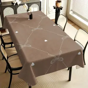 Retro girl heart bow tablecloth, hand-painted white line bow with deep coffee background+love rhombic print, fresh fabric decorative pad, suitable for retro restaurant, desk, picnic atmosphere layout tablecloth.
