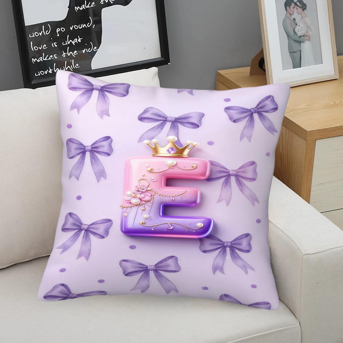 Purple 3D Letter A-Z Crown Throw Pillow 1 Pc with Insert, Soft Comfortable Square Cushion with Zipper Closure for Sofa Chair & Bedroom, Exclusive Customization with Initials Gift, Princess Style Home Decor