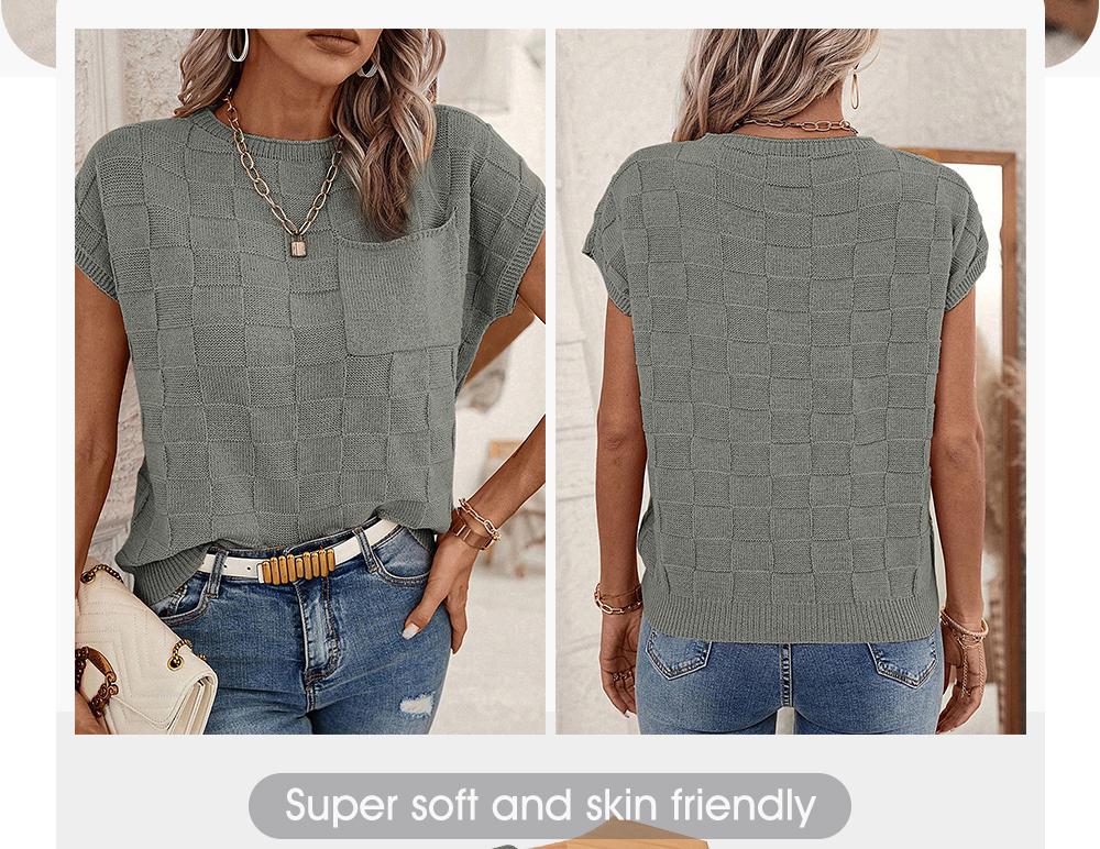 Shewin 2026 Spring/Summer Women's Cap Sleeve Sweater Vest Casual Crewneck Knit Short Sleeve Tops Lightweight T Shirts with Pocket Womenswear Fitted Basic Batwing Sleeve - Shortsleeve SpringStatements