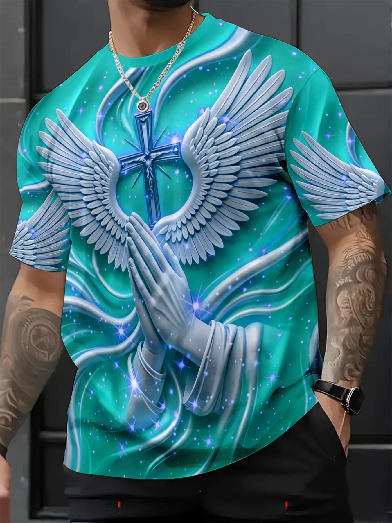 Men's Religious Prayer Angel Wings Cross 3D High Definition Graphic Print T-Shirt, Round Neck Short Sleeve Slim-Fit Summer Streetwear Tee, Casual Graphic Tee