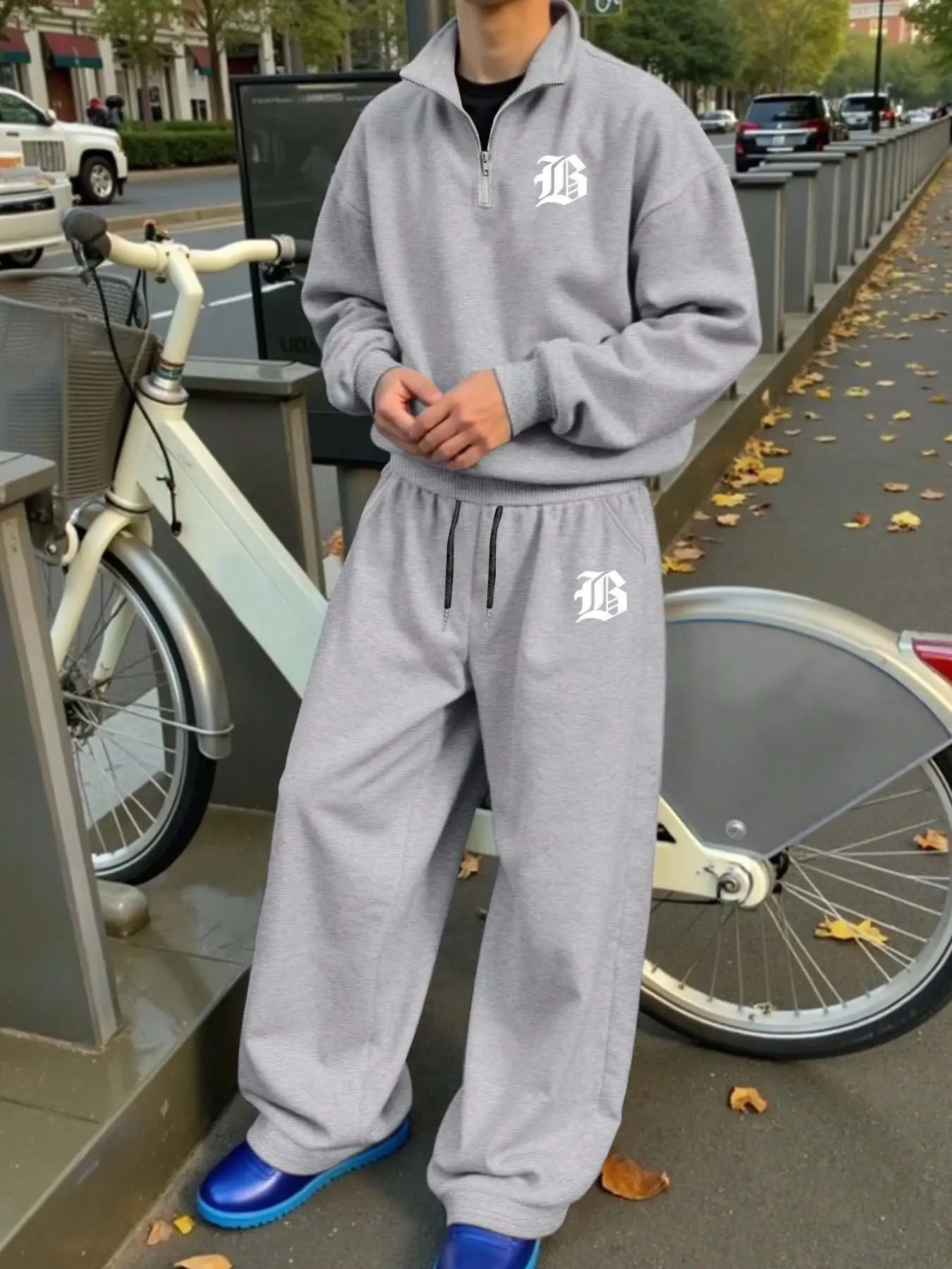 Gray two-piece tracksuit, Gothic letter printed zip-up hoodie & wide-leg drawstring sweatpants, soft and casual street style pairing, ideal for everyday wear, campus, jogging, walking, and minimalist urban street looks, Hooded Tracksuit Set