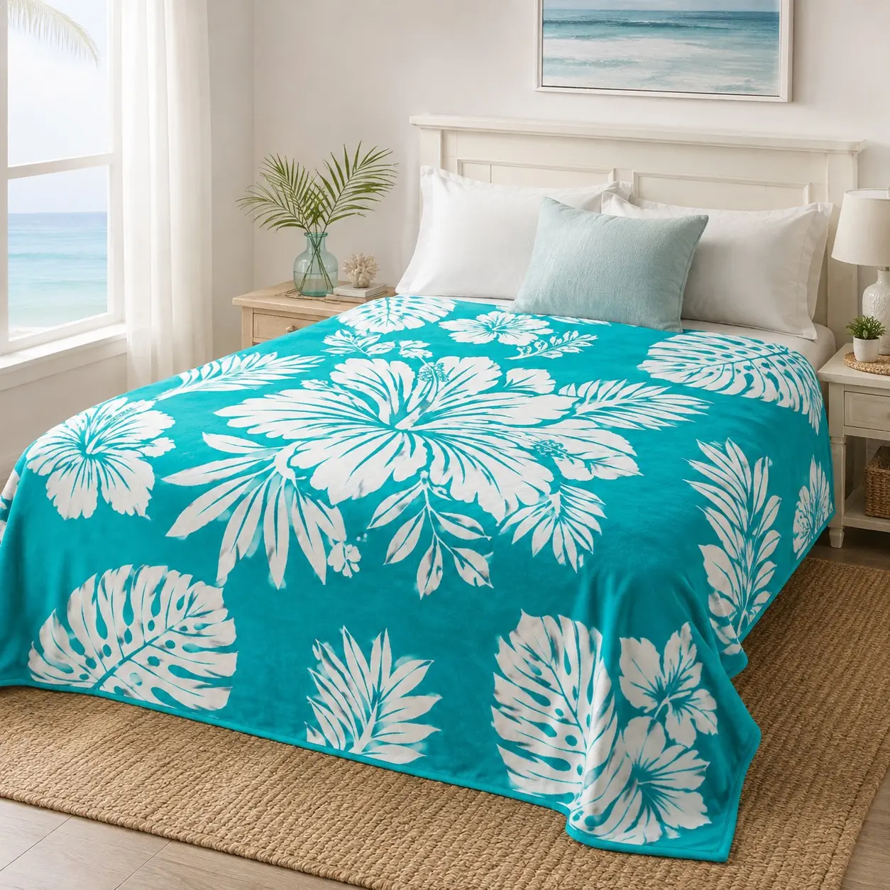 Tropical Hibiscus Flannel Blanket, Turquoise Blue & Monstera Leaf Print, Soft Cozy Lightweight Throw for Bed, Couch, Travel, Beach House Decor