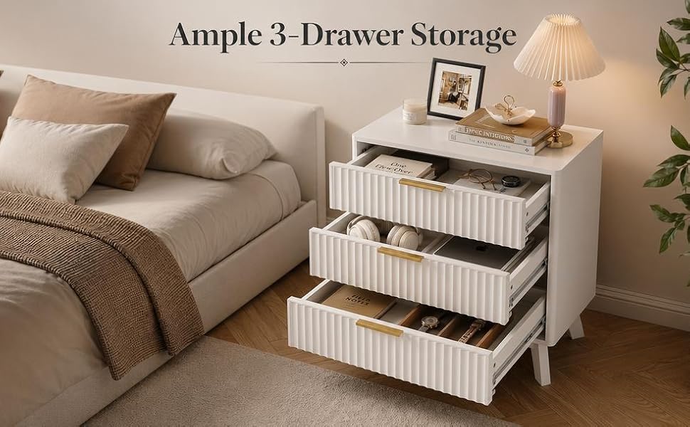 Modern 2-Piece Nightstand Set, 24" Wide Fluted Wood Bedside Tables with 3 Drawers Each, Bedroom Storage Chest