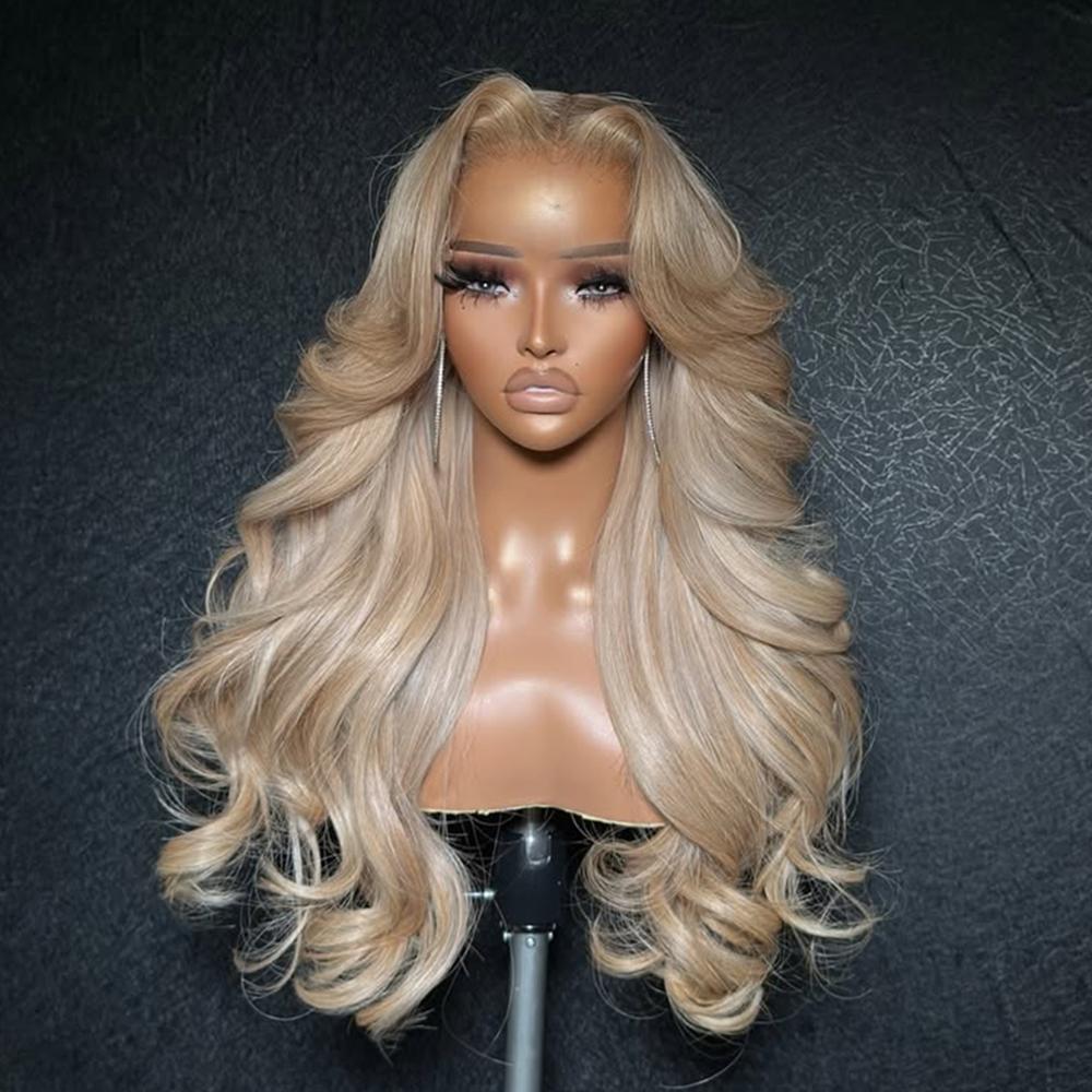 200% Density Ash Blonde Milk Tea Human Hair Lace Front Wig Body Wave 13X6 HD Transparent Lace Frontal Wig Glueless With Band Beginer Friendly Ombre Blonde Human Hair Wigs Pre Plucked Natural Hairline With Baby Hair SpringStatements
