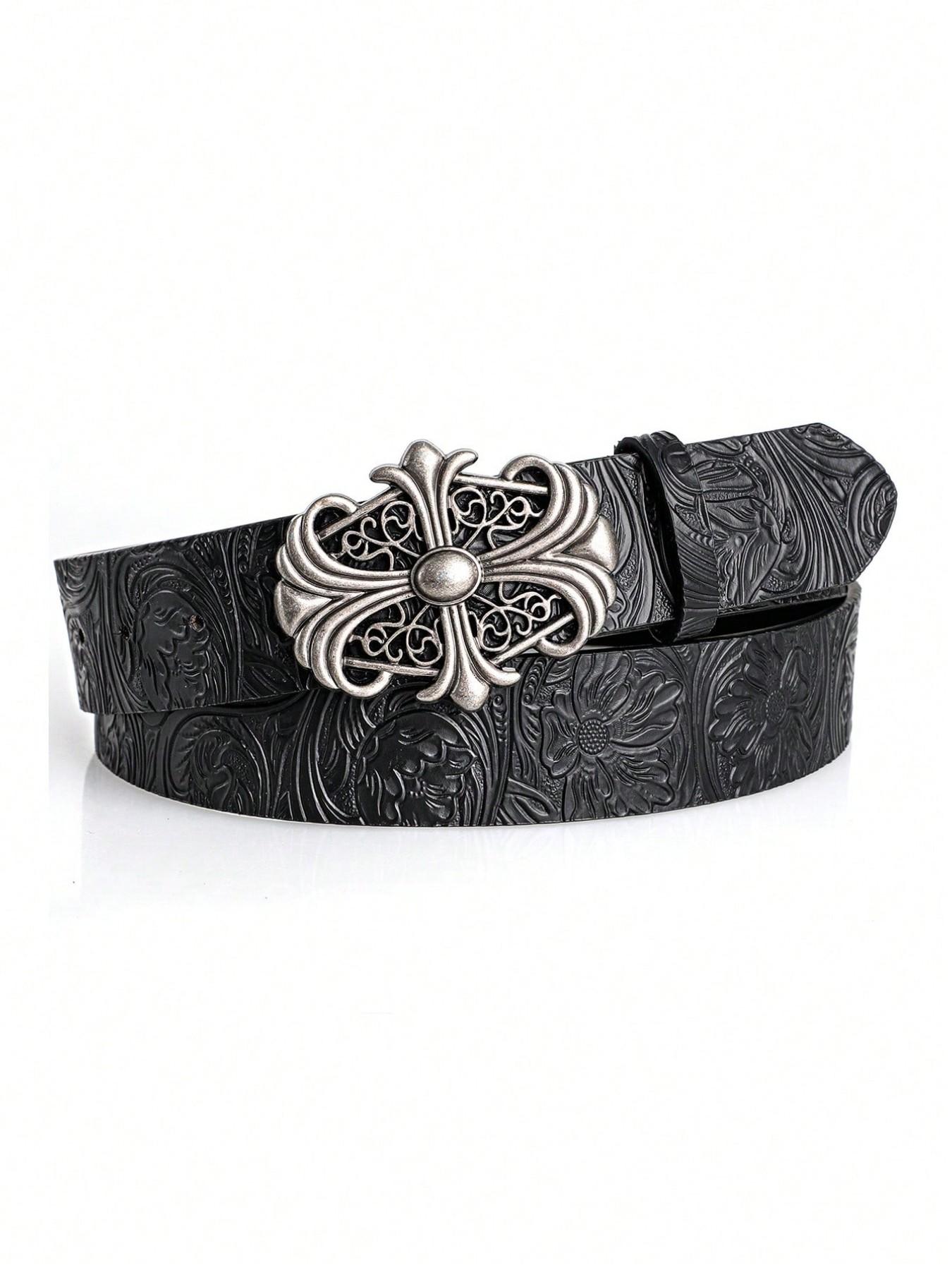1pc Boho-Chic Faux Leather Belt with Vintage Oval Hollow Buckle, Stylish Accessory for Jeans Dresses & Casual Wear