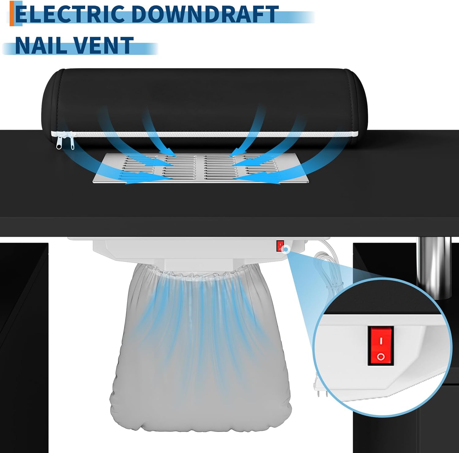 Professional Nail Desk with Electric Dust Collector, Nail Tech Table for Salon & Home Use, 4 Drawers Storage Cabinet, Lockable Wheels & Arm Rest