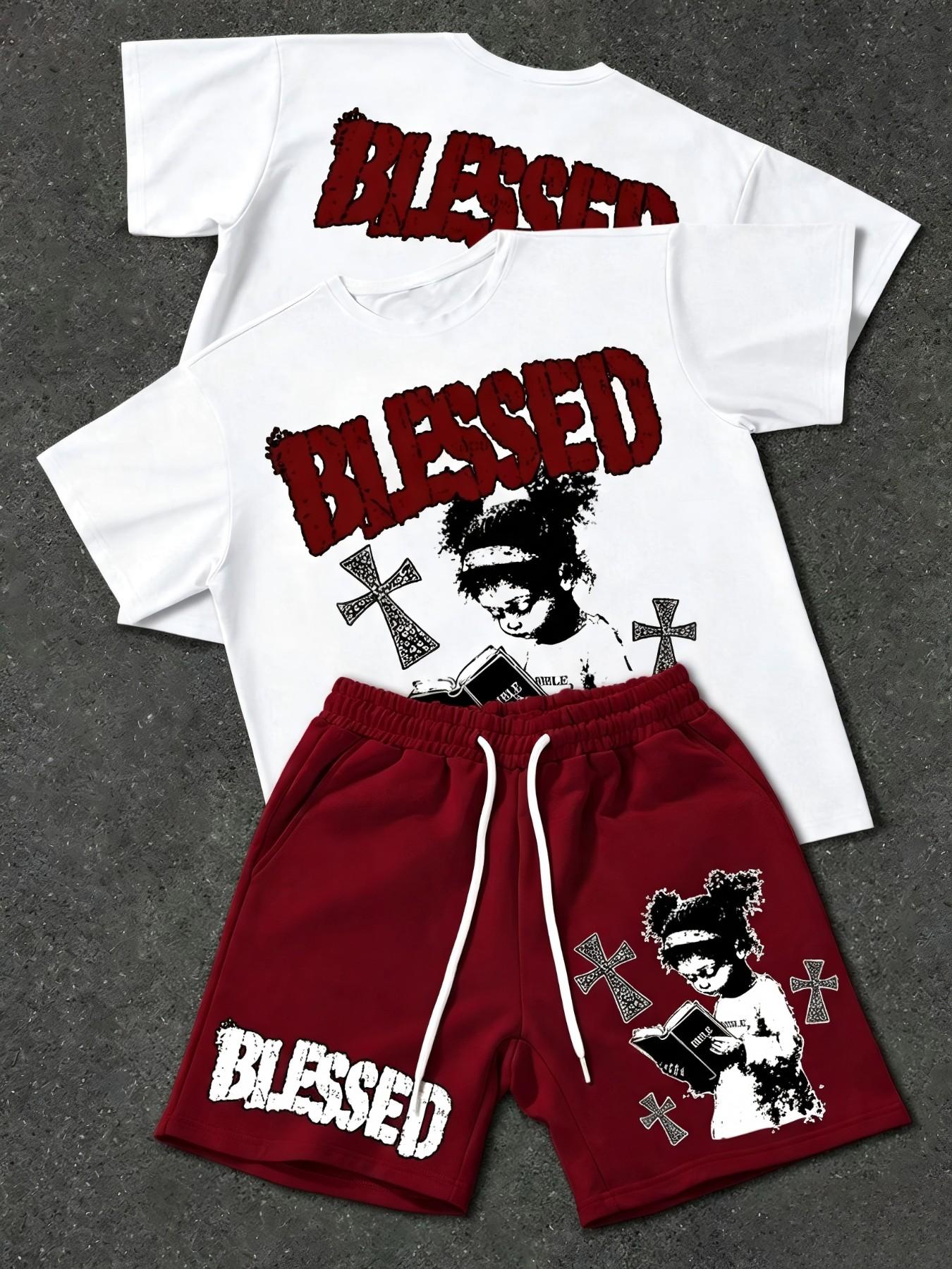 Men's Two-Piece Hip-Hop Set Outfit, Printed Short Sleeve + Drawstring Shorts, 5 Styles Summer Casual Sports, Loose-Fitting, All over Print
