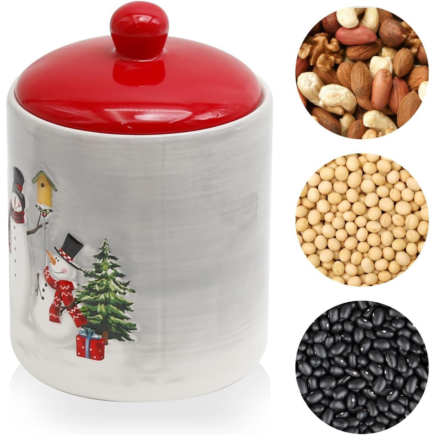 Christmas Themed Winter Holiday Ceramic Cookie Jar  Storage Jar with Airtight Lid  Xmas Candy Canister Storage Container
