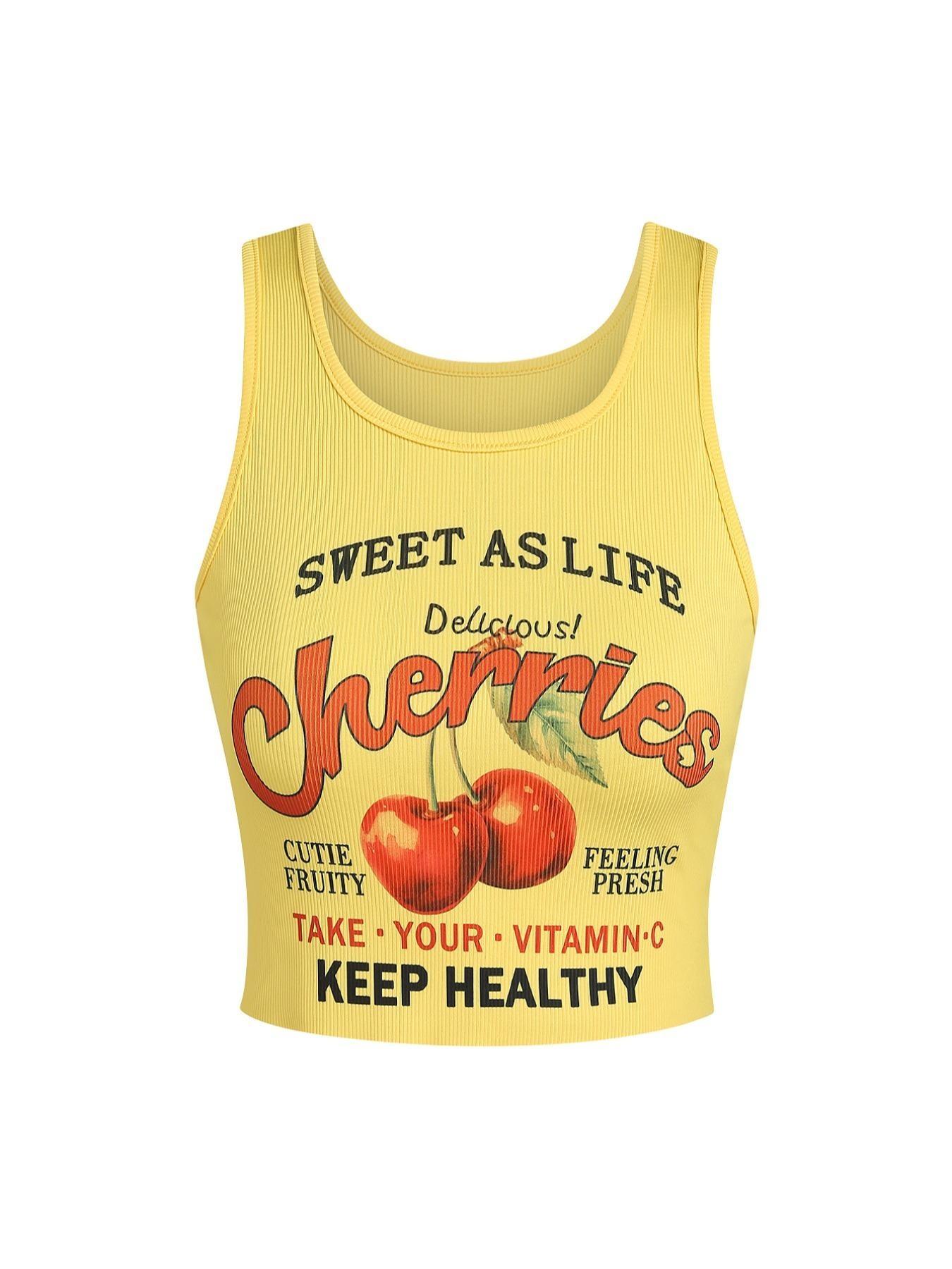 Women's Letter & Fruits Print Lightweight Crop Tank Top, Casual Scoop Neck Sleeveless Top for Daily Wear, Ladies Clothes for All Seasons