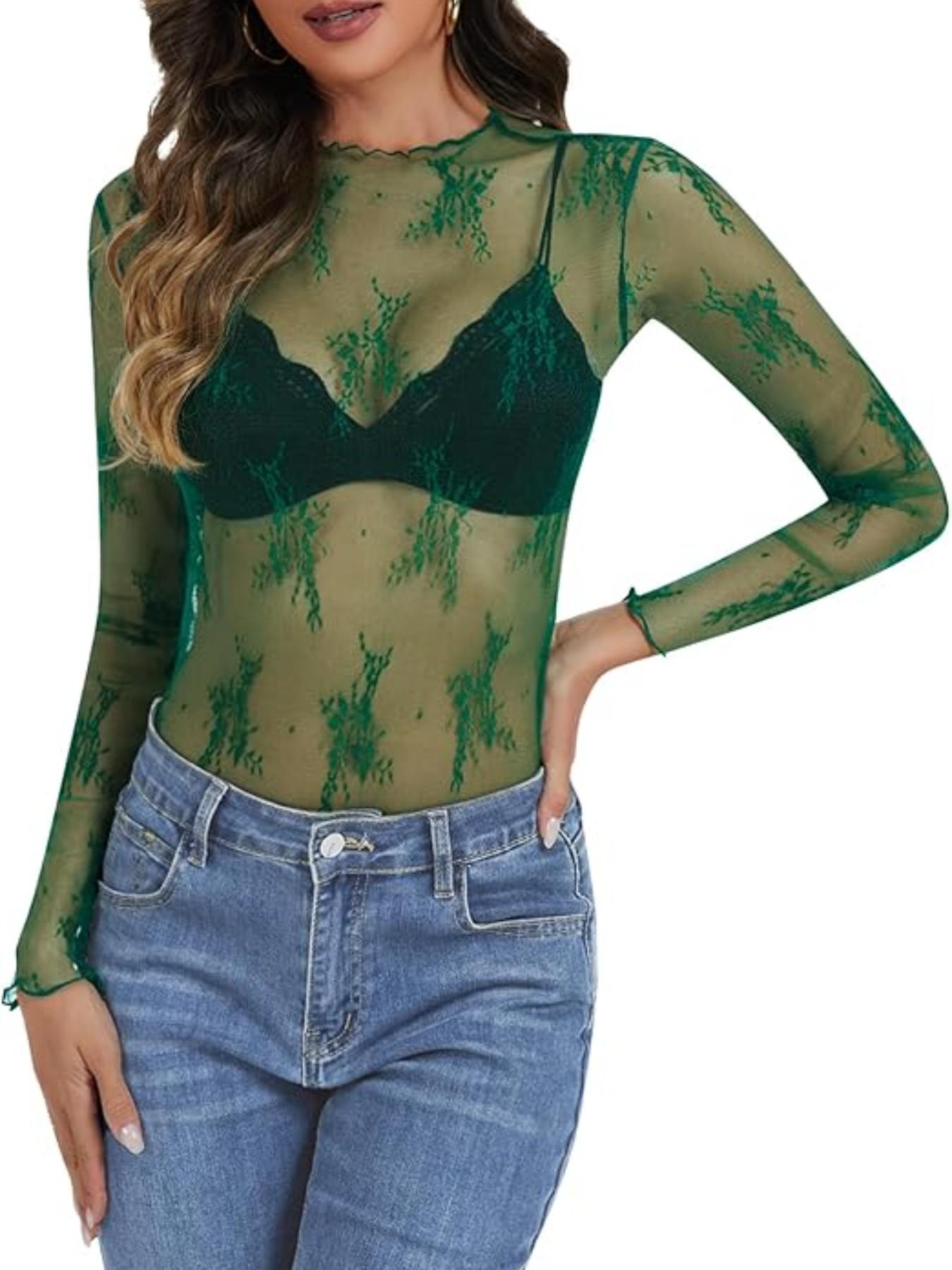 Women's Mesh Top, Transparent Lace Layered Medium Round Neck Sheer Shirt, Elegant and Stylish Design for Daily Wear