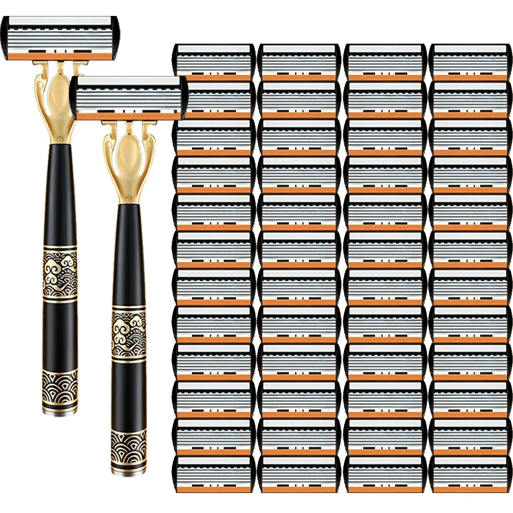 Men's Six-Layer Manual Razor Set, Handles, 48 Replacement Blades, Sharp Thin Blades, Smooth Shave, Durable, Gift-Ready