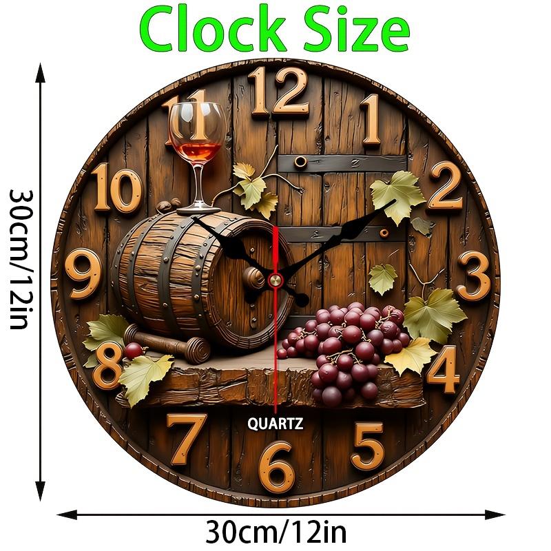 2D flat design. 1 piece set. Vintage Winery Wine Barrel Grape Wall Clock, Silent Decorative Wall Clock, Creative Wall Clock, Suitable for Bedroom, Living Room, Office Decoration, 25/30cm (excluding AA batteries), 2D Flat Version