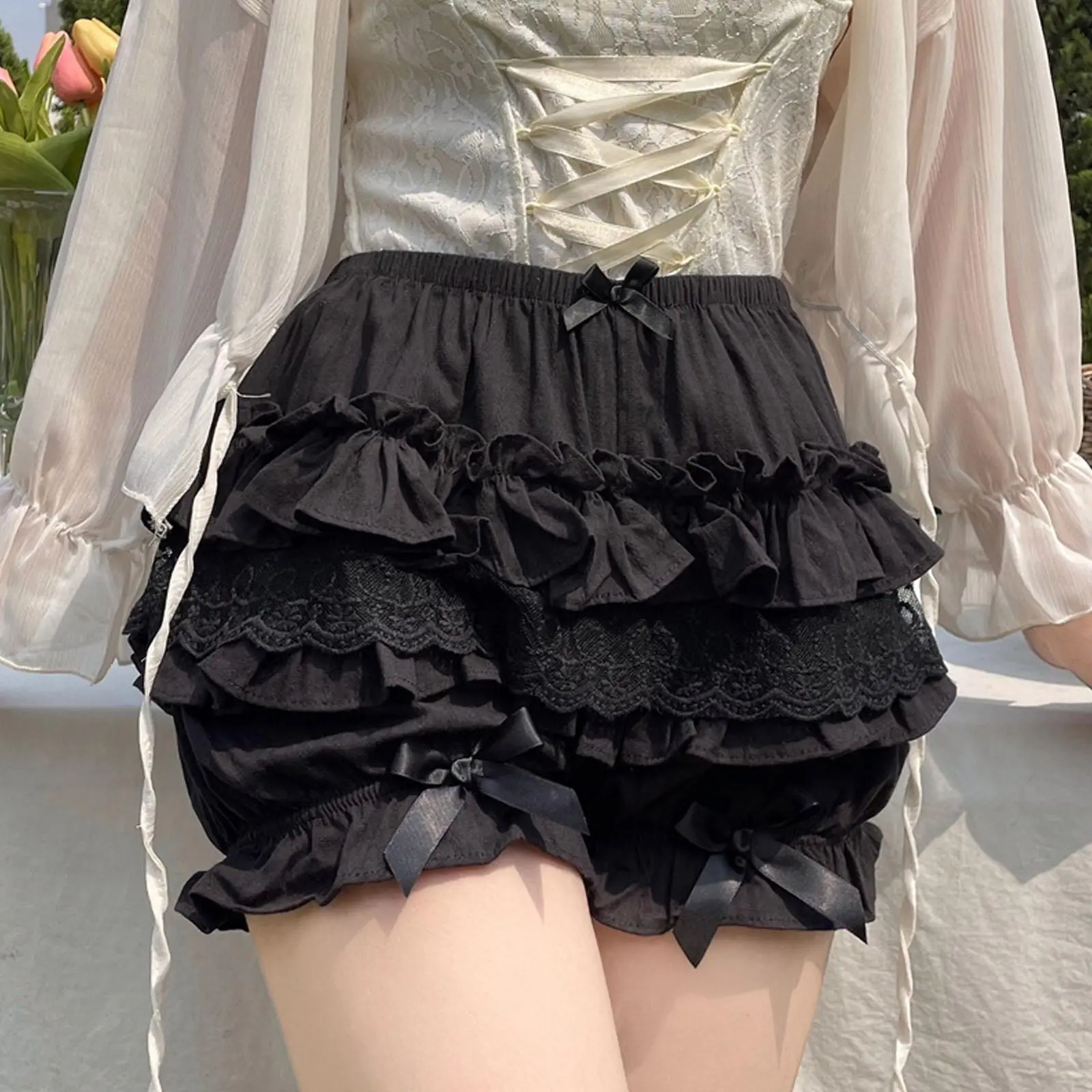 Women's Solid Kawaii Ruffled Pumpkin Cosplay Shorts - Lace Trim, Bowknot, Mid-Waist Elastic Waist, Polyester Bloomers, Soft Fabric, Breathable Wear, Cute Clothes, Check Size Chart