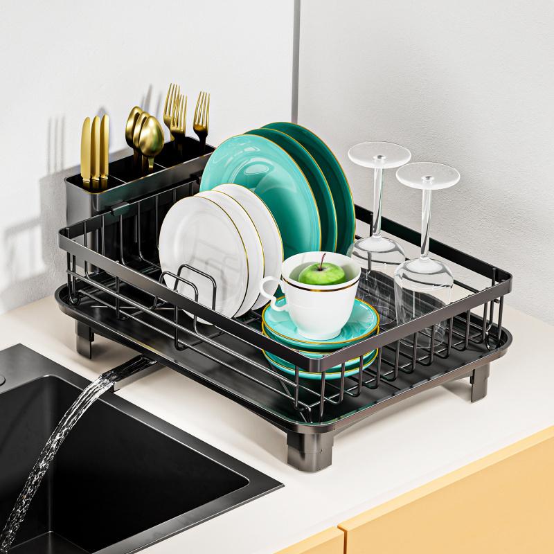 Household kitchen dish rack, quick drainage at the sink drip position, non-slip feet for enhanced stability, equipped with utensil holder and knife clip, classified storage for bowls and plates