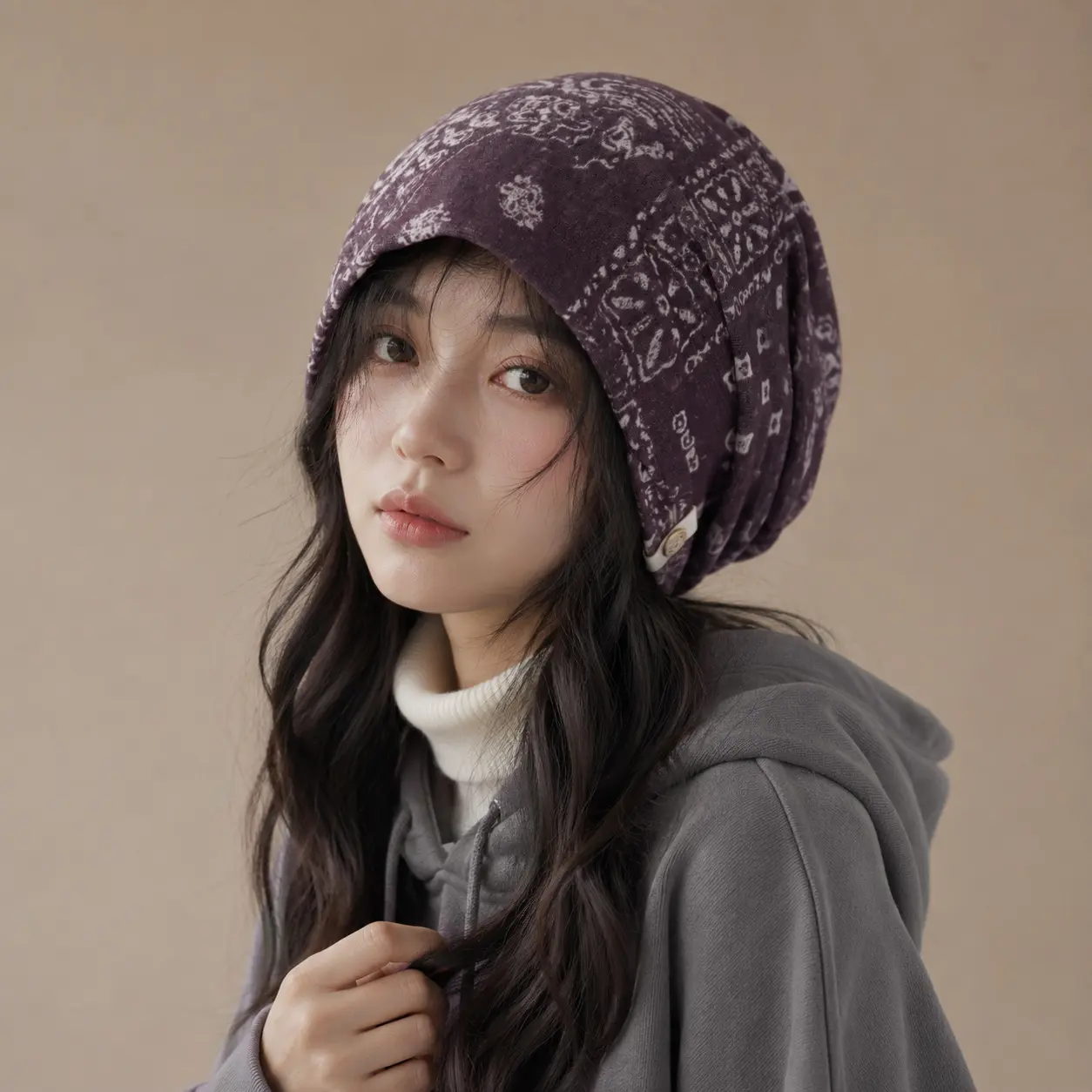 Effortless Washed Paisley Printed Slouchy Beanie Hat Soft Cotton Bandana Turban Bonnet Bad Hair Day Fix Purple Vintage Y2K Outdoor Streetwear Headpiece