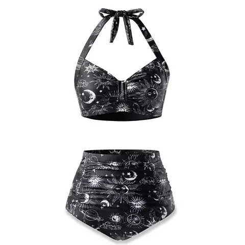 Holipick Women High Waisted Bikini Set Two Piece Tummy Control Swimsuit Halter Top with Bottom Bathing Suit Plus Size Swimsuit for Women Vintage Swimwear Ruffle Swimsuits