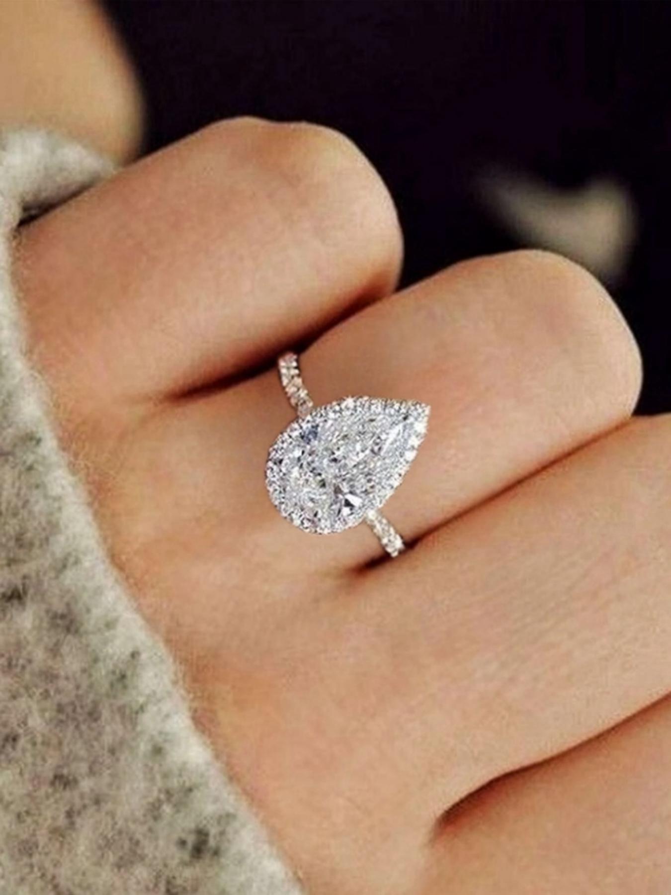 S925 Sterling Silver Water Drop Shaped Artificial Zircon Decorated Ring, Luxury Engagement Ring for Women, Trendy All-match & Exquisite Jewelry for Birthday Gift
