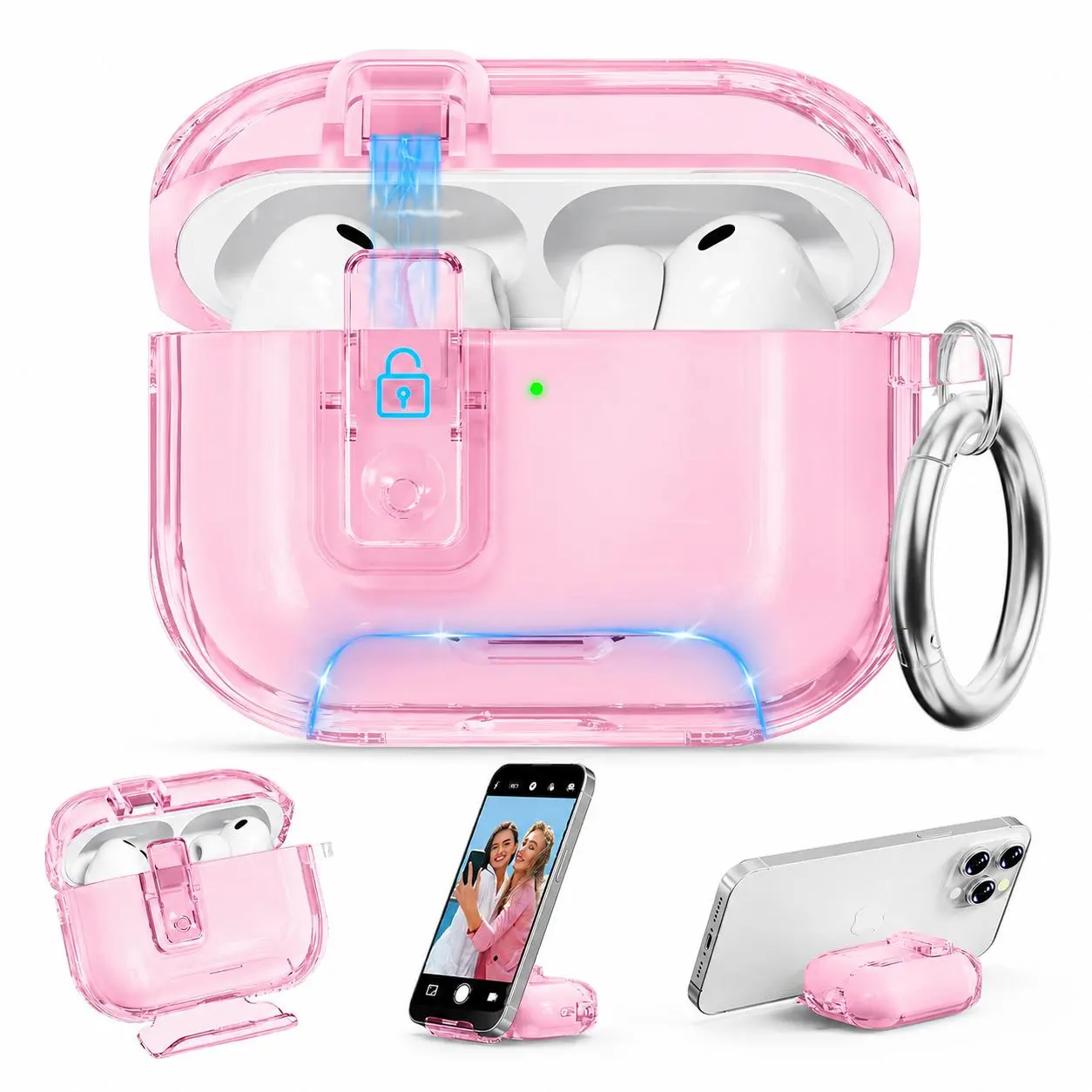 For AirPods Pro 3/2/1 & AirPods 4 Multifunction Magnetic Lock Clear Silicone TPU Case Cover, Transparent Original-Look Protector with Hidden Phone Stand, Thin Soft Design & Keyring,back to school,back to school haul