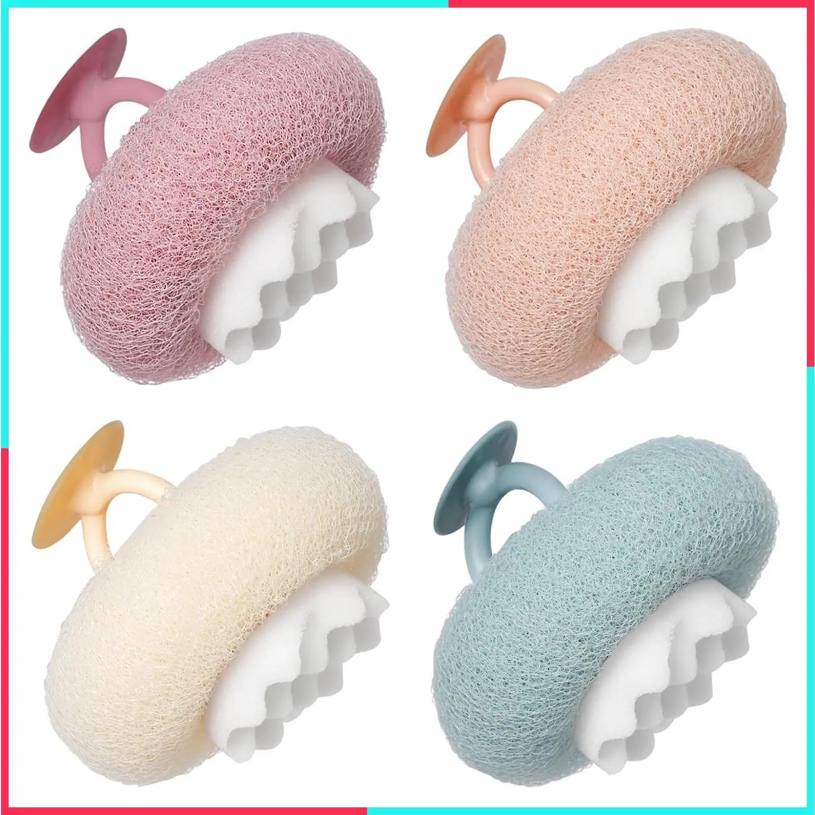 Super Soft Sunflower Suction Cup Bath Sponge Loofah, 2-in-1 Exfoliating Mesh Body Scrubber with Cleaning Brush for Shower, Bath Accessories for Women and Men, 4 Colors