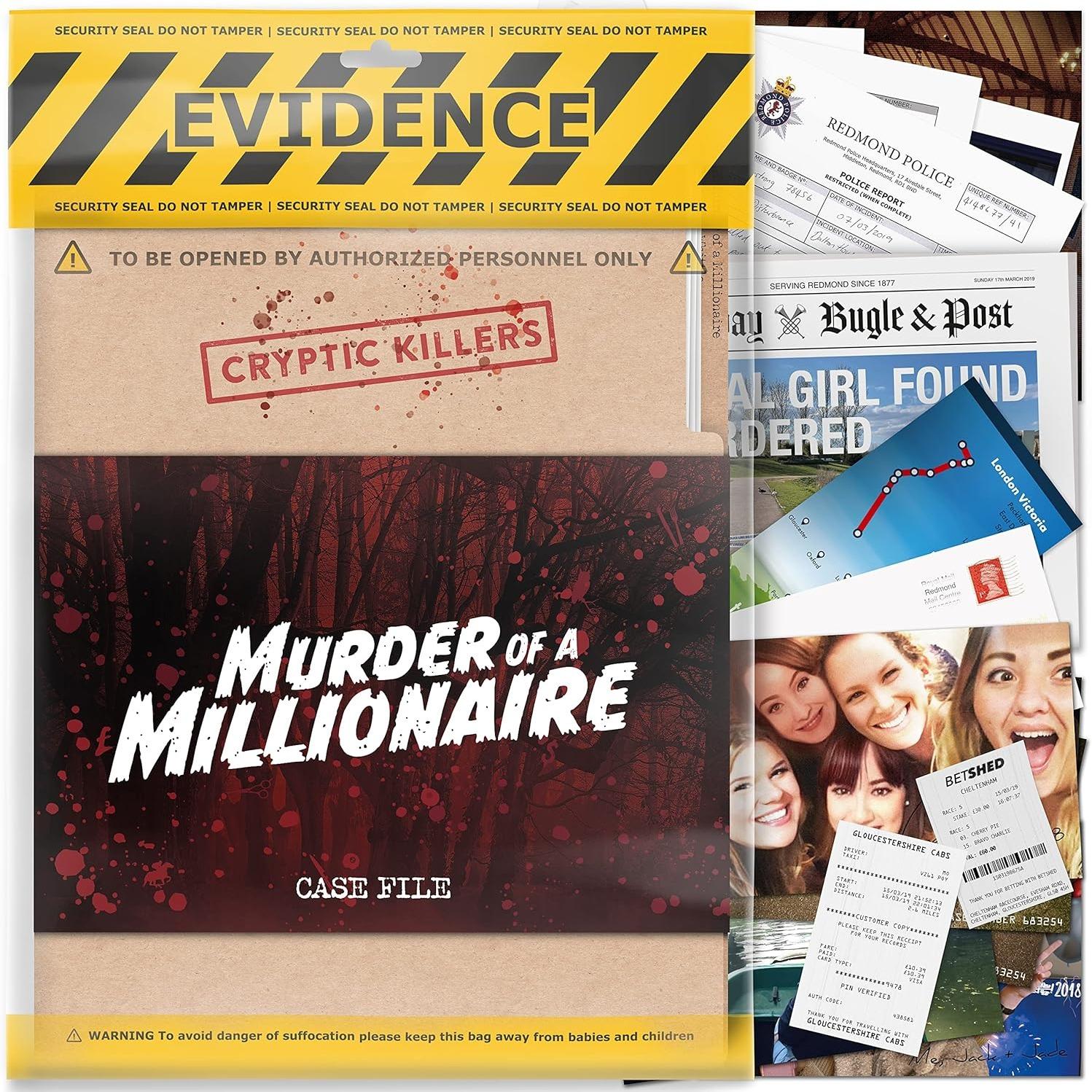 Immersive Scenario Scripted Murder Game-card game-Cryptic Killers Unsolved murder mystery game - Cold Case Files Investigation Detective clues/evidence - Solve the crime - For individuals, date nights & party groups - Murder of a millionaire