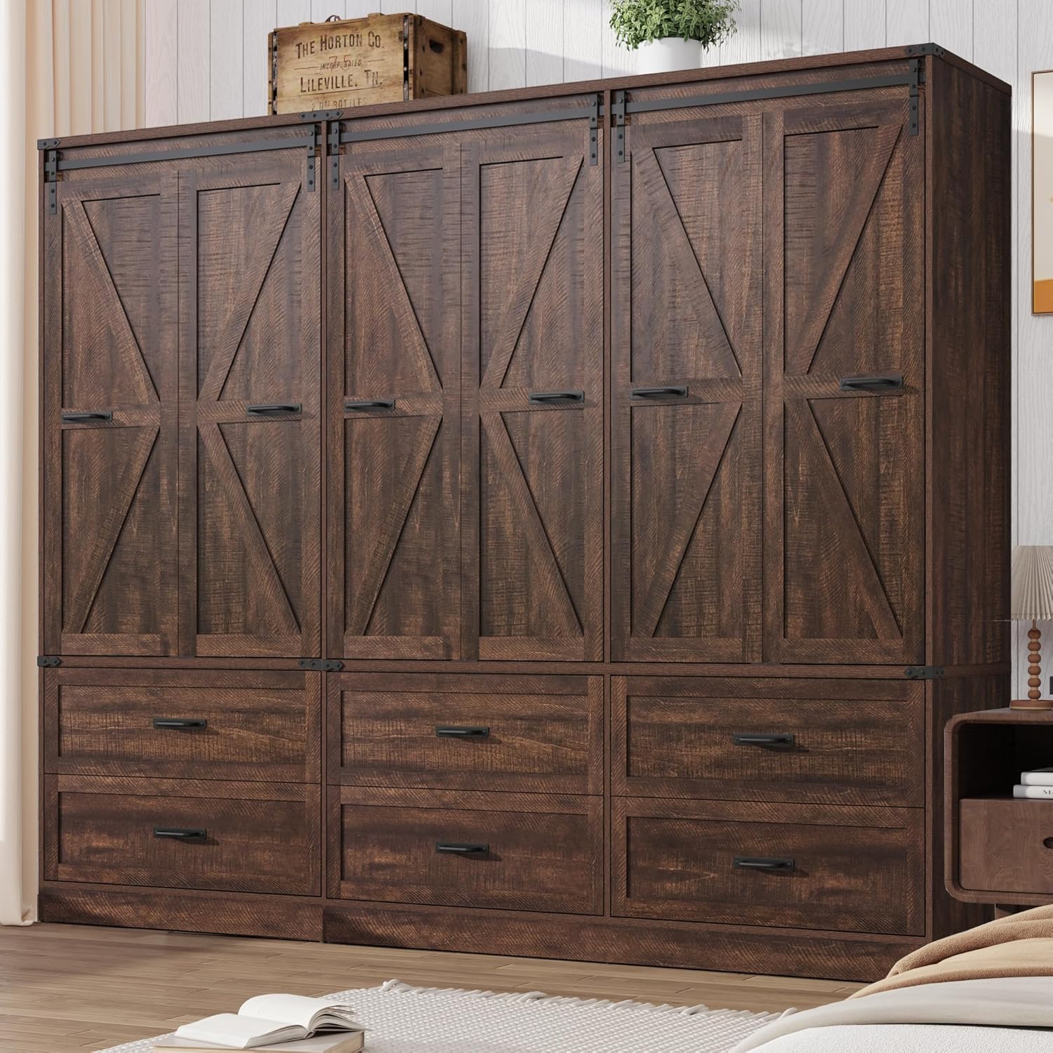 Farmhouse 6 Doors/4 Doors/3 Doors Armoire Wardrobe Closet w/Folding Sliding Barn Door and Lights, LED Armoire Closet w/Drawers for Bedroom, Freestanding Wooden Wardrobe Storage Closets w/Hanging Rod (Antique White/Rustic Brown/Black) Farmhouse 6 Doors/4 Doors/3 Doors Armoire Wardrobe Closet w/Folding Sliding Barn Door and Lights, LED Armoire Closet w/Drawers for Bedroom, Freestanding Wooden Wardrobe Storage Closets w/Hanging Rod (Antique White/Rustic Brown/Black)