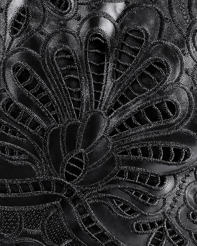 ChicMe Women's Pu Leather Hollow-out Pattern Zipper Back Wedding Guest Bodycon Skirt