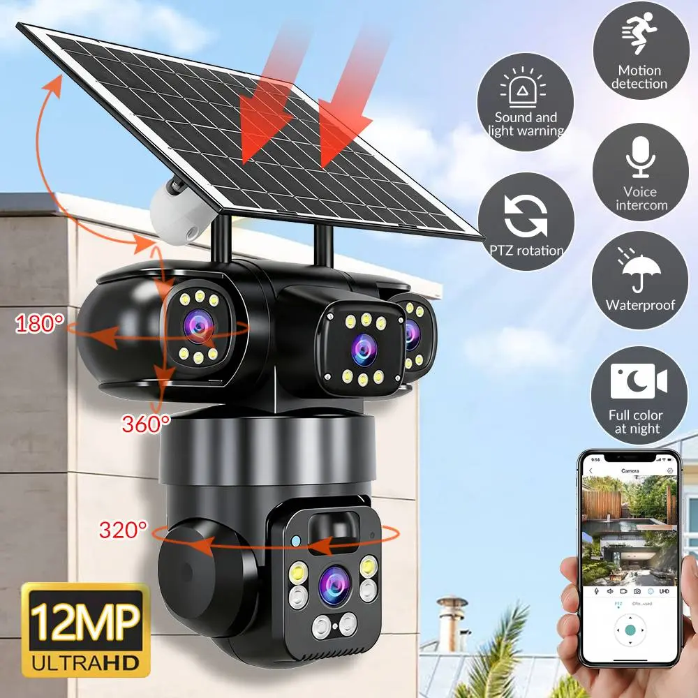 【BackToSchool】Outdoor 6MP Solar Security Camera, Triple Lens WiFi PTZ Camera with PIR Human Detection, Color Night Vision, 2-Way Audio, IP66 Waterproof, Speaker, Micro Device, Local Storage, Cable Included (Valentine’s Day Gift Option)