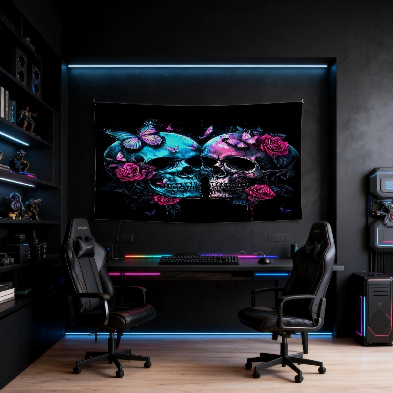 Neon Skull & Rose Print Tapestry, Gothic Aesthetic Style, Vivid & Fade-Resistant, Personalized Home Decor, Ideal for Bedroom, Living Room & Dorm, Perfect Keepsake Gift