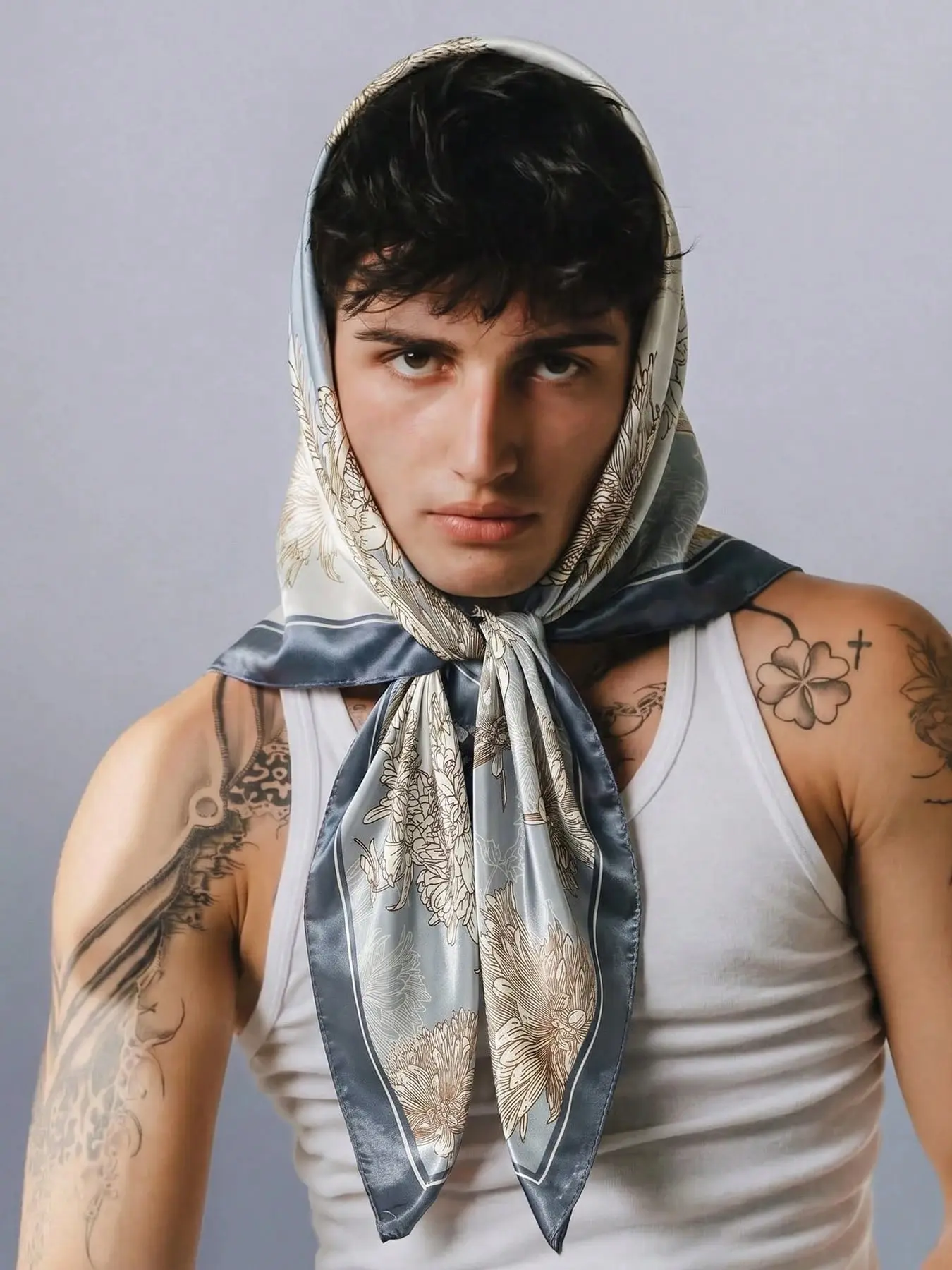 Men's Vintage Print Satin Scarf (90cm), Silk-Like Texture Headscarf/collar Scarf, Multifunctional Scarf for Headband, Wristband, Pocket Square, Fashion Accessory