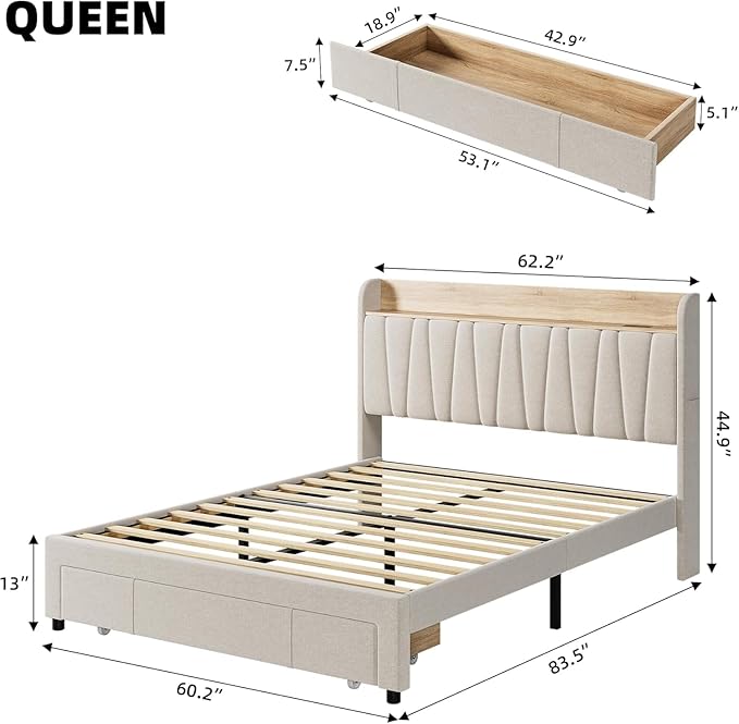 Bed Frame with Storage Headboard and Charging Station, Upholstered Platform Bed Frame with Drawer, Mattress Foundation with Solid Wooden Slats Support, No Box Spring Needed