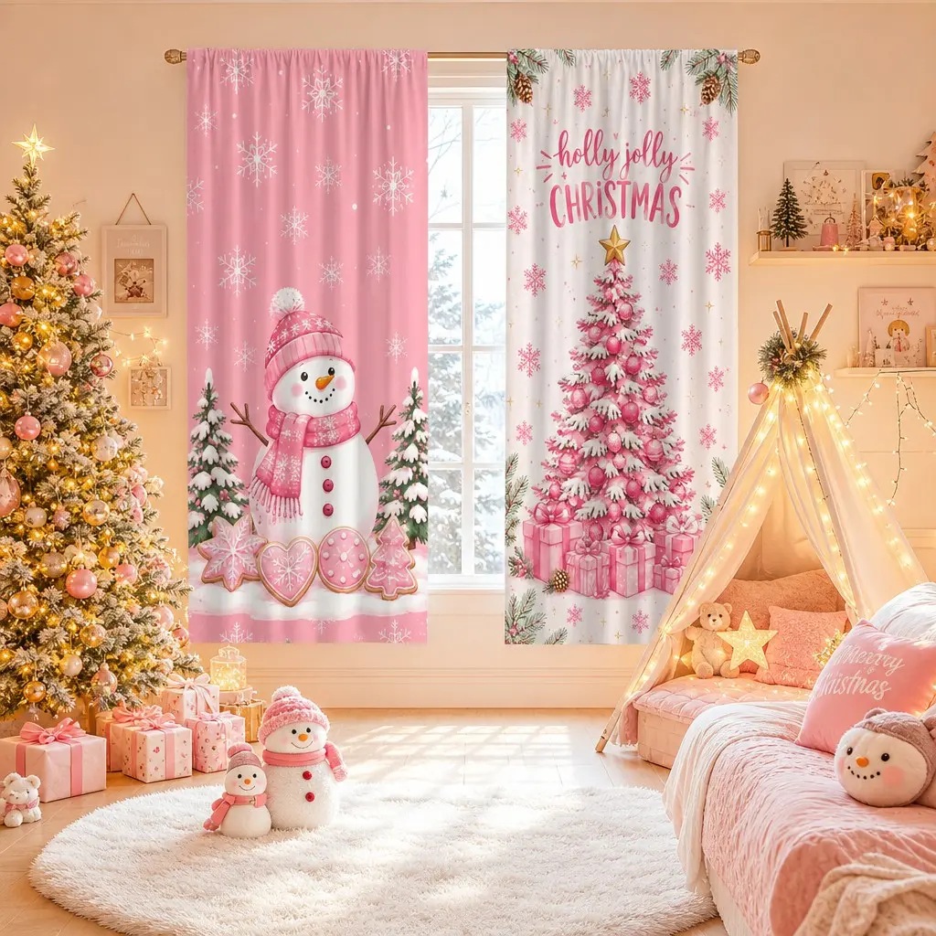2pcs red and green Christmas split curtains, Santa Claus snowman pattern, festive atmosphere, bedroom, living room, dining room, study, semi blackout decorative curtains