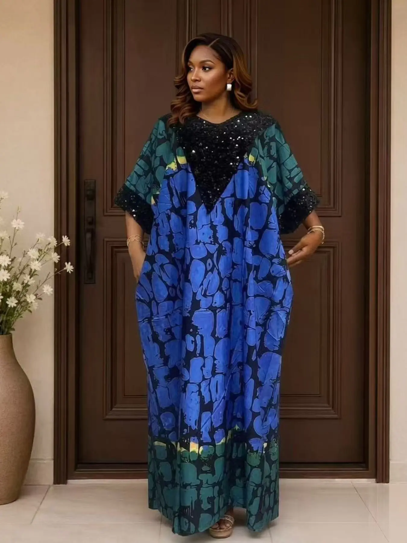 2026 New Fashion Dress Caftan Middle Eastern Muslim Loose Ethnic African Style Sequin Short Sleeve Women's Printed Headscarf Dress Kaftan Dress Islamic Modesty Clothes, Modesty Wear, Modest Muslim Clothing Muslim Dresses