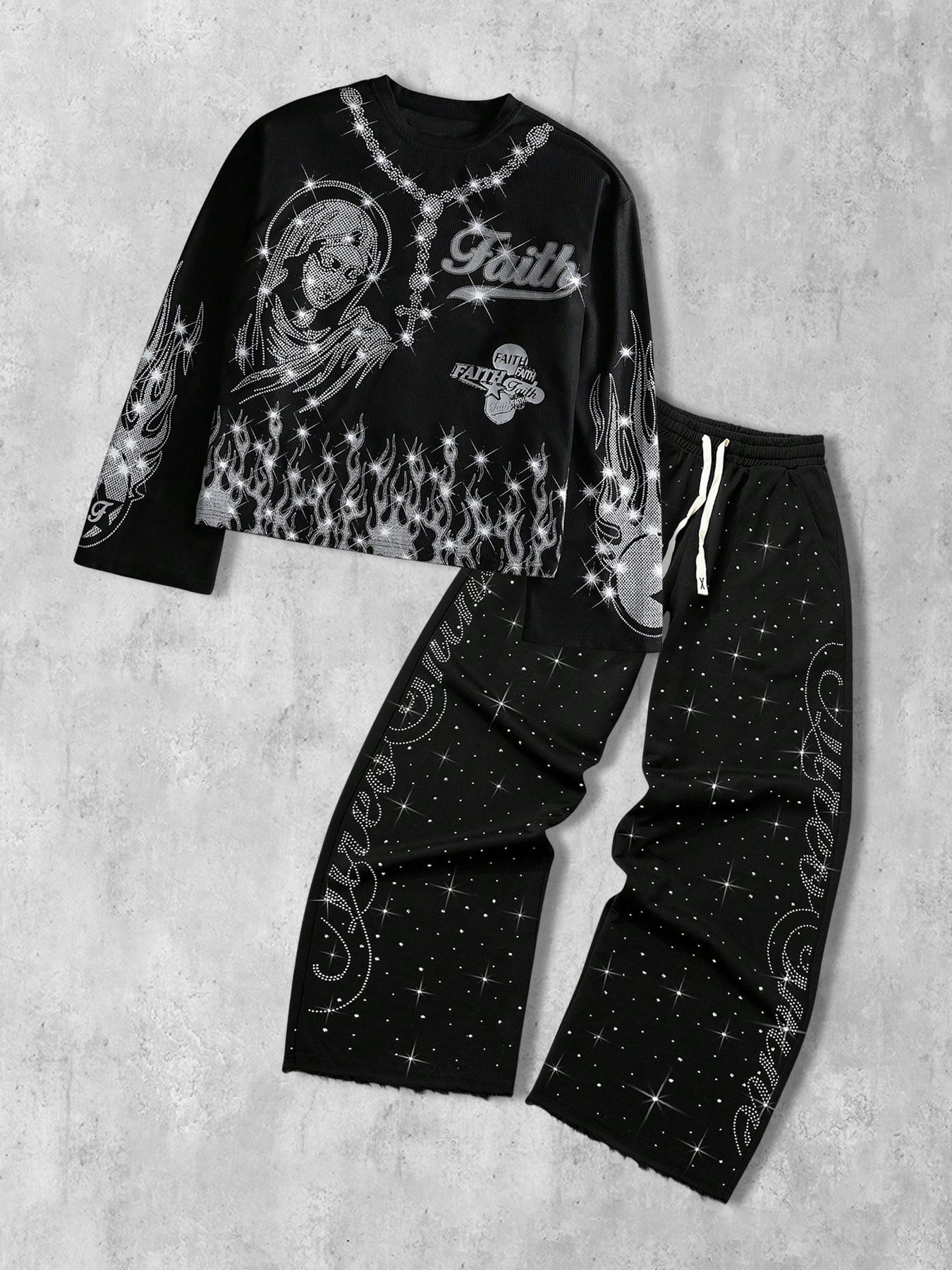 This men's two-piece set features a gothic streetwear design, including a long-sleeved T-shirt with a shimmering flame print and black flared trousers adorned with rhinestones and lettering.
