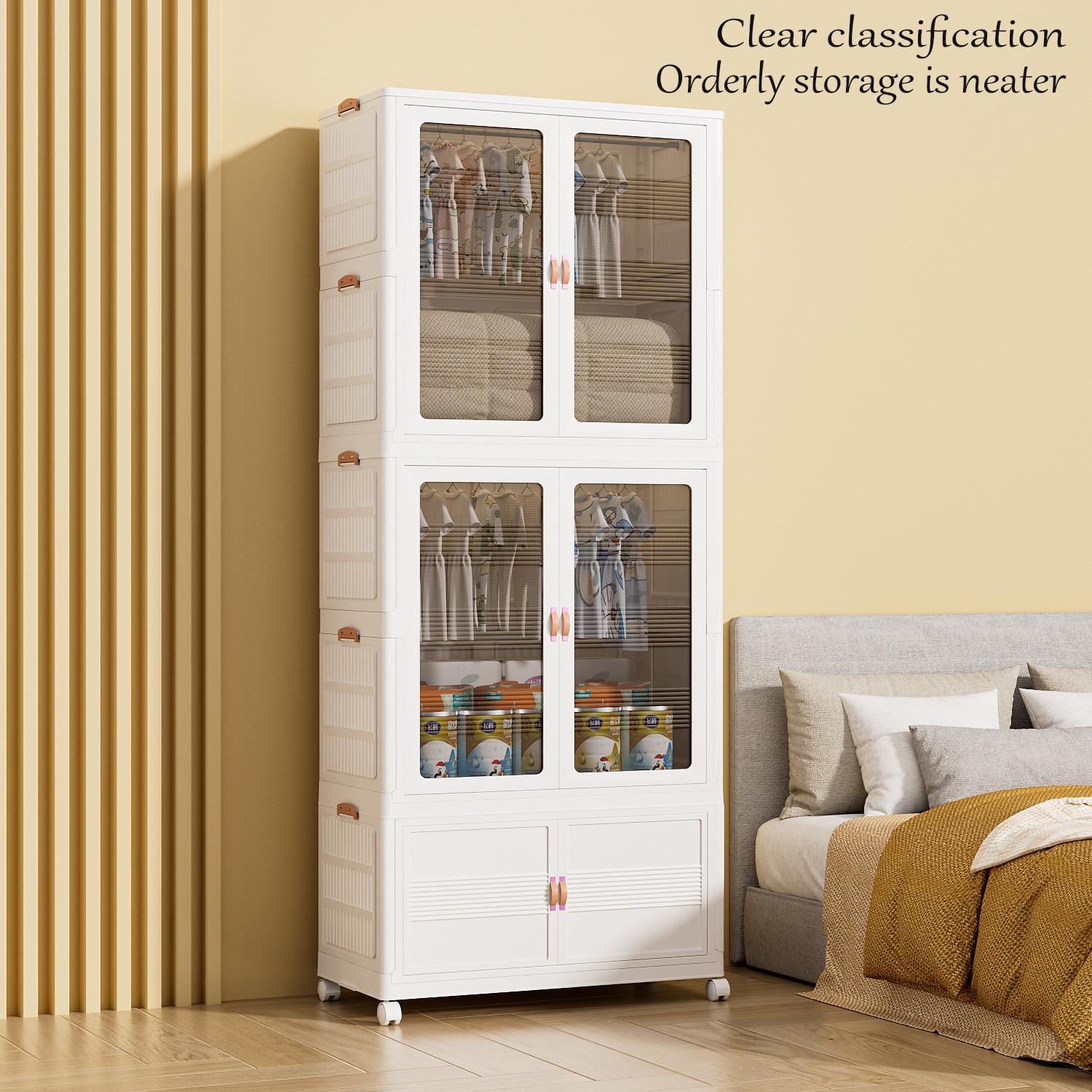 Aesthetic Stackable Storage Bins with Wheels – Folding Plastic Organizer Cabinet with Magnetic Door for Closet Organization, Kitchen & Dorm