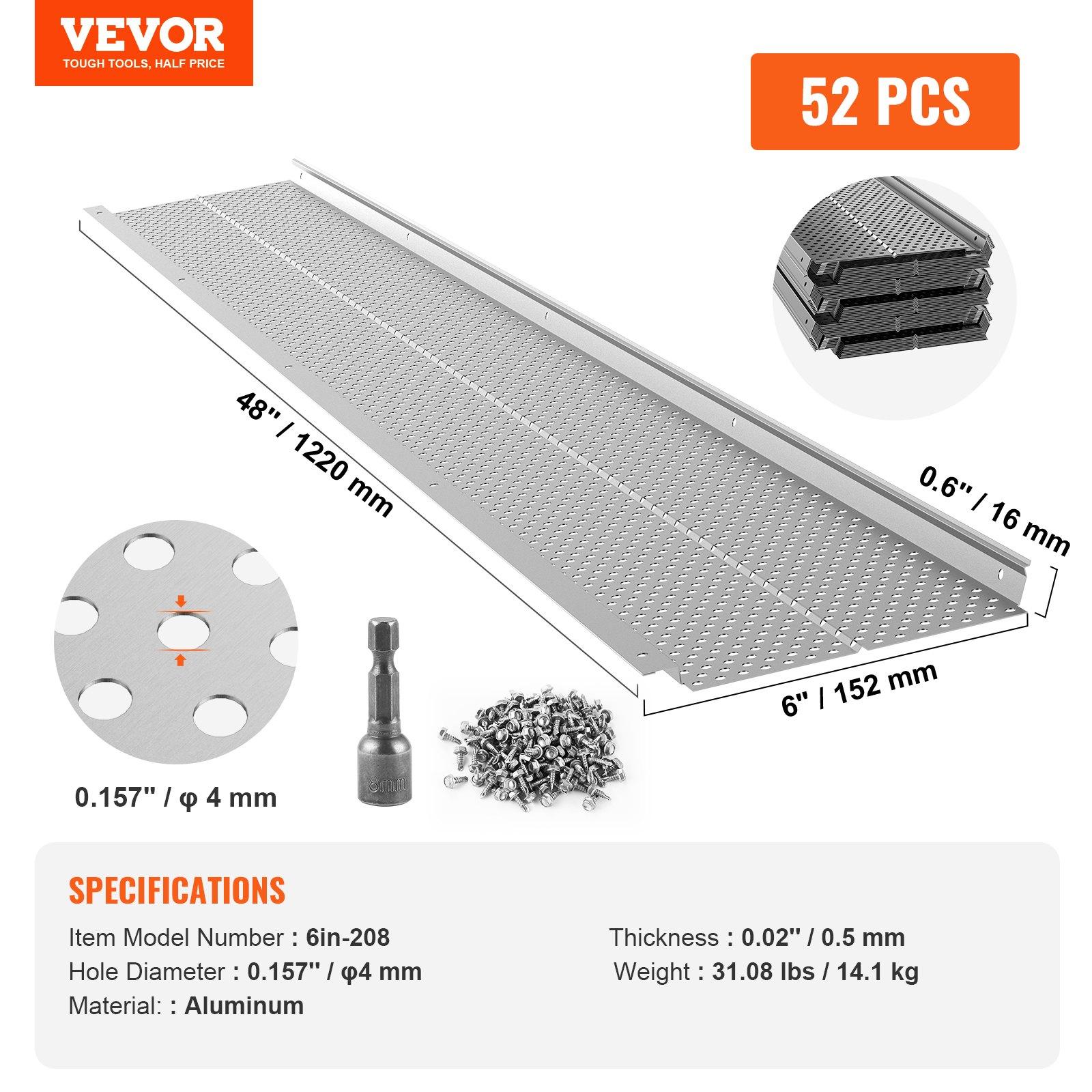 VEVOR Gutter Guard, 6 inch Width, Aluminum Leaf Filter DIY Gutter Cover, 52 PCS 208 ft Total Length, 0.157'' Hole Diameter & 0.02'' Thick Gutter Guards Fits Any Roof or Gutter Type