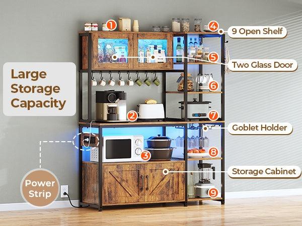 Sikaic 45.3 Inches Farmhouse Coffee Bar Bakers Rack with Power Outlet and LED Light Cabinet Kitchen with Storage Organiser Cup Holders Furniture Stand