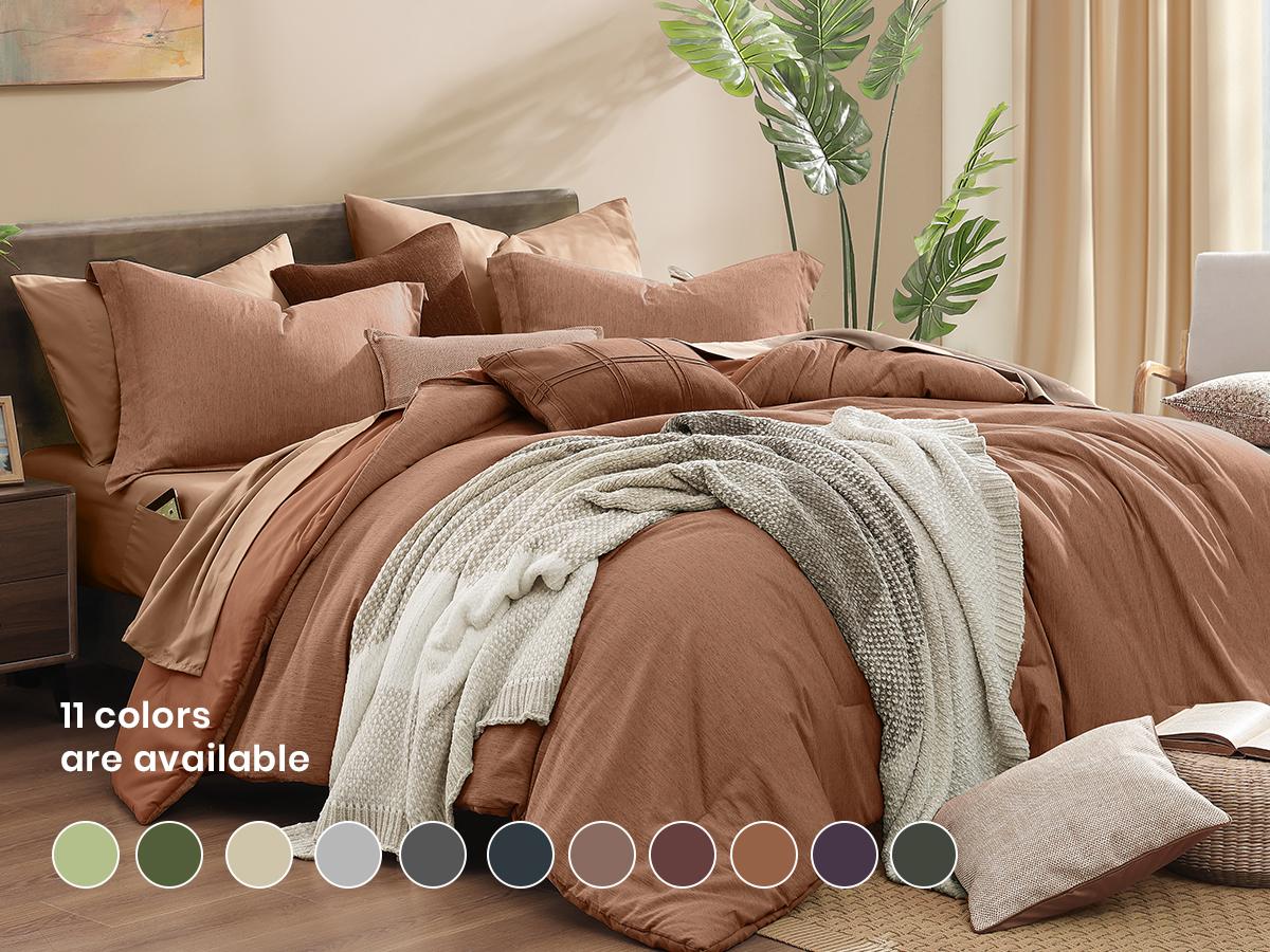 Monbix Queen Comforter Set - 7 Pieces Cationic Dyeing Olive Green Bed in a Bag Queen Bedding Sets with Comforter, Sheets, Pillowcases & Shams, Reversible Bedding Comforters Sets