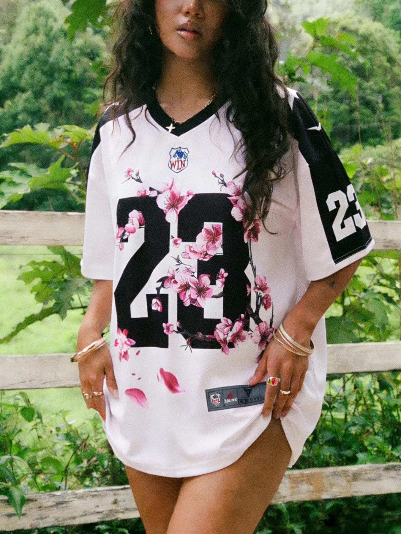 Women's Vintage Loose Fit Football Jersey, Floral Print & Sleeves, Casual Sports Wear, Outdoor Activities & Daily Wear