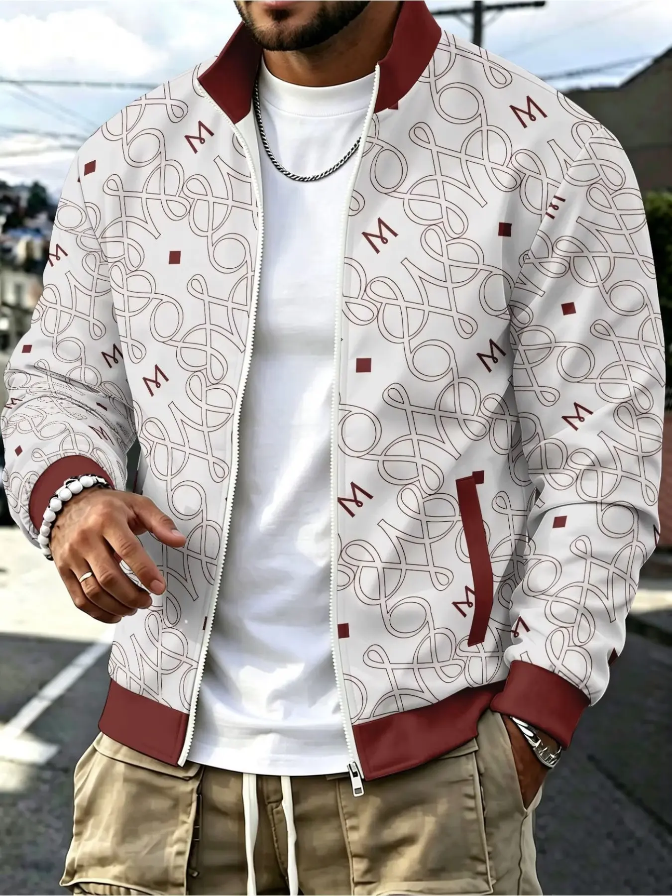 Men's Vintage Letter Print Stand Collar Zip Up Jacket, Long Sleeve Loose Fit, All over Print, Casual Style, Light Luxury Fashion