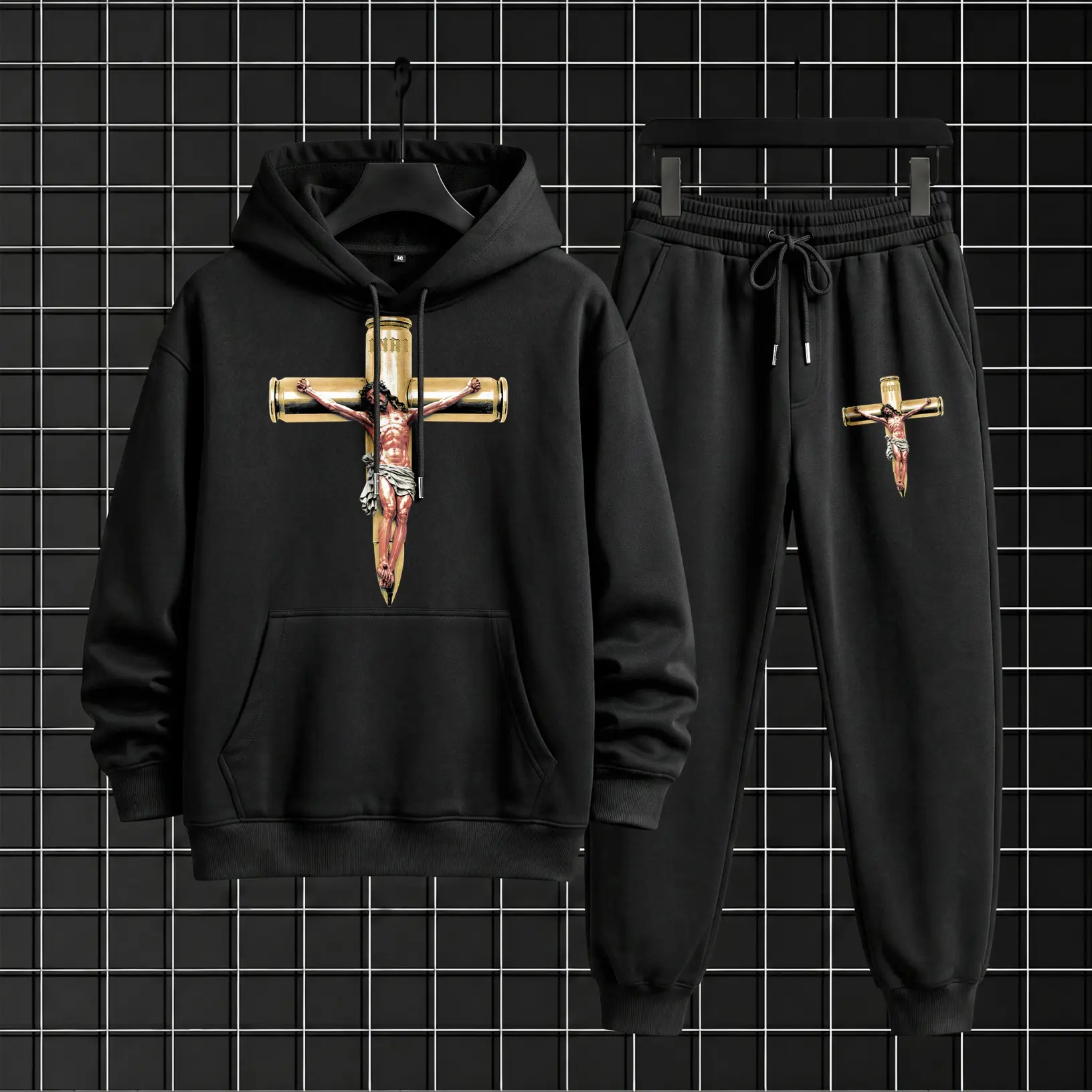 Men’s Christian Graphic Hoodie Set, Stylish Cross Print Pullover Sweatshirt with Jogger Pants, Comfortable Matching Tracksuit for Casual Streetwear