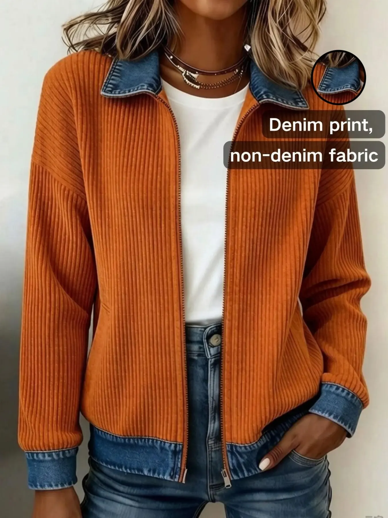 Women's Patchwork Jacket, Denim Print, Notched Lapel, Zipper Design, Long Sleeve, Loose-Fit, Casual Outerwear for Autumn, Fashion Outerwear