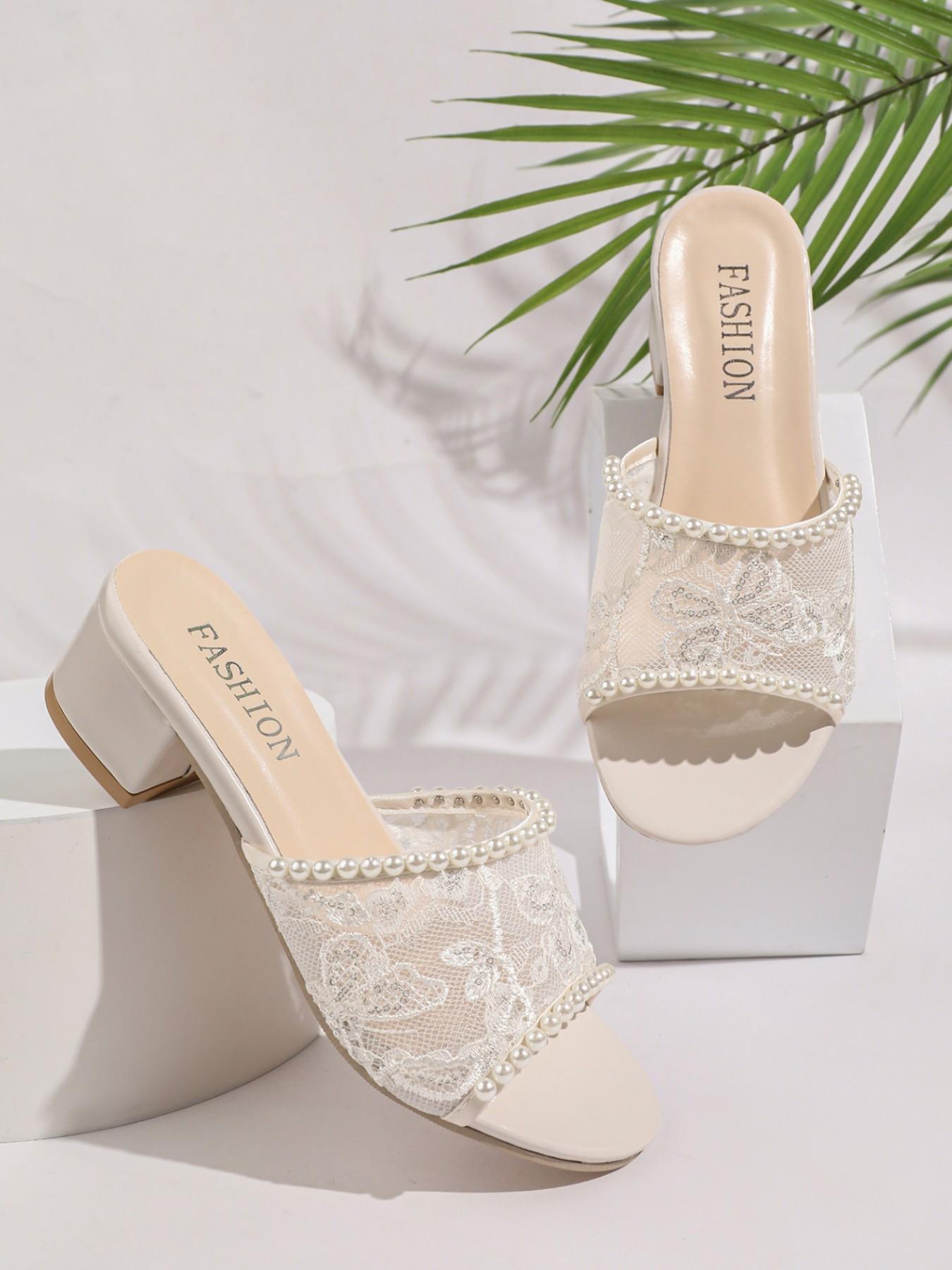 YYW1 2026 Women's Lace Embroidery Pearl Trim Slip-On Block Heel Sandals - Elegant Open-Toe Bridal Wear with Textile Comfort