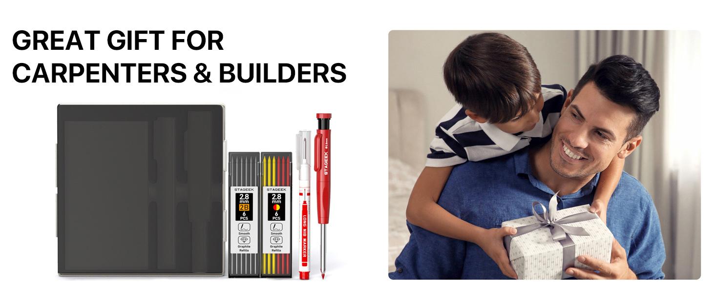【FathersDayGift】STAGEEK Carpenter Pencils Set with Case, 3PCS Mechanical Carpenter Pencils with 39 Refills, Heavy Duty Construction Pencil with Sharpener, Deep Hole Long Nib Marker Pens for Architect Marking