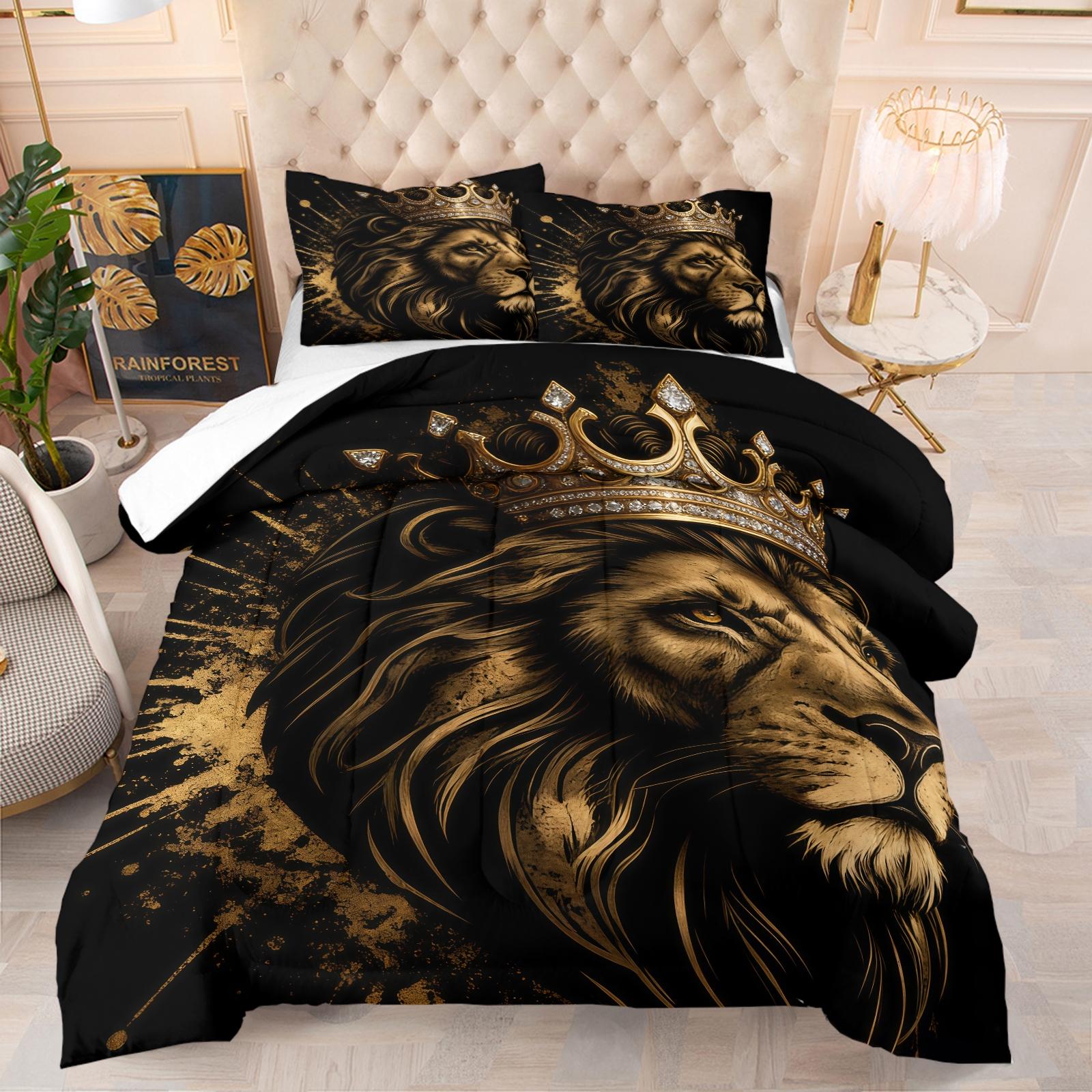 Lion Crown Pattern Comforter Set, Soft And Durable Bedding Set, Including 1 Comforter And 1 Or 2 Pillowcases, Suitable For Children And Adults Daily Holiday Birthday Gifts Bedroom Decorations