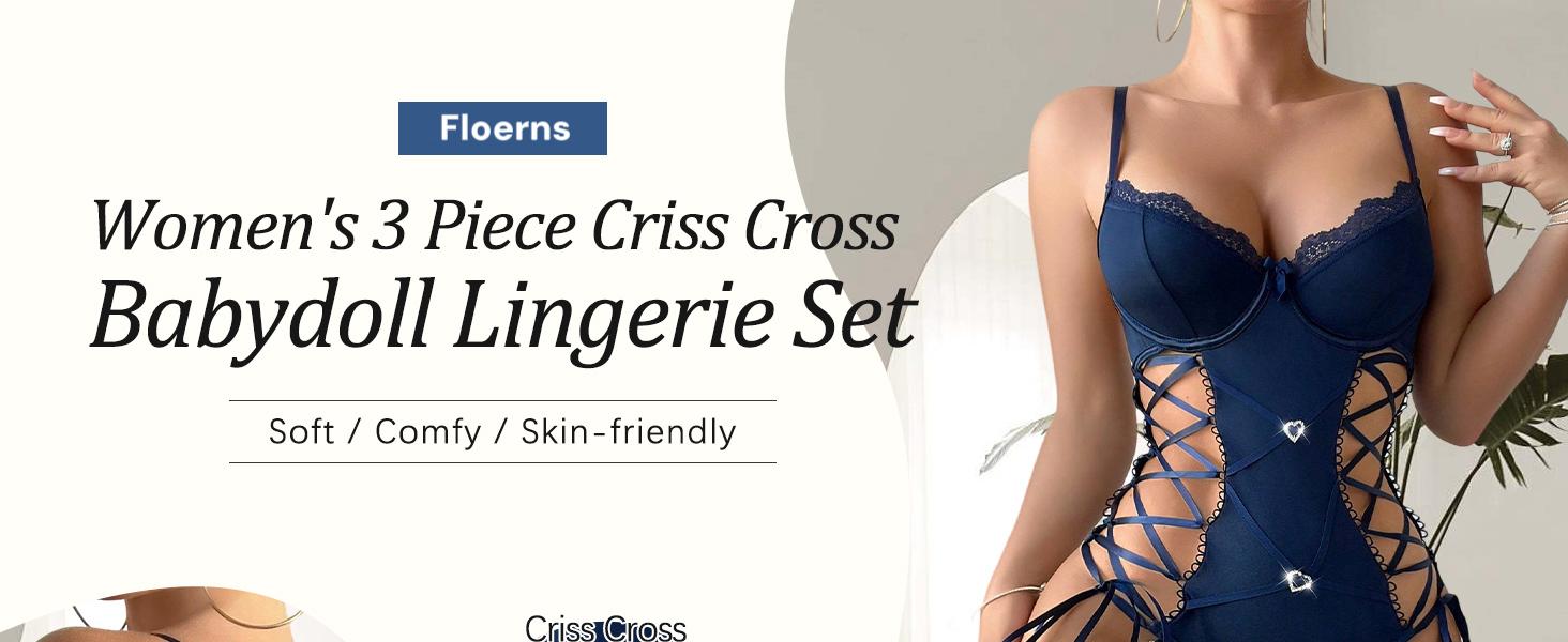 3 Pieces Set Sexy Criss-Cross Lace Up Lingerie Set Bodysuit Bodystocking with Stockings