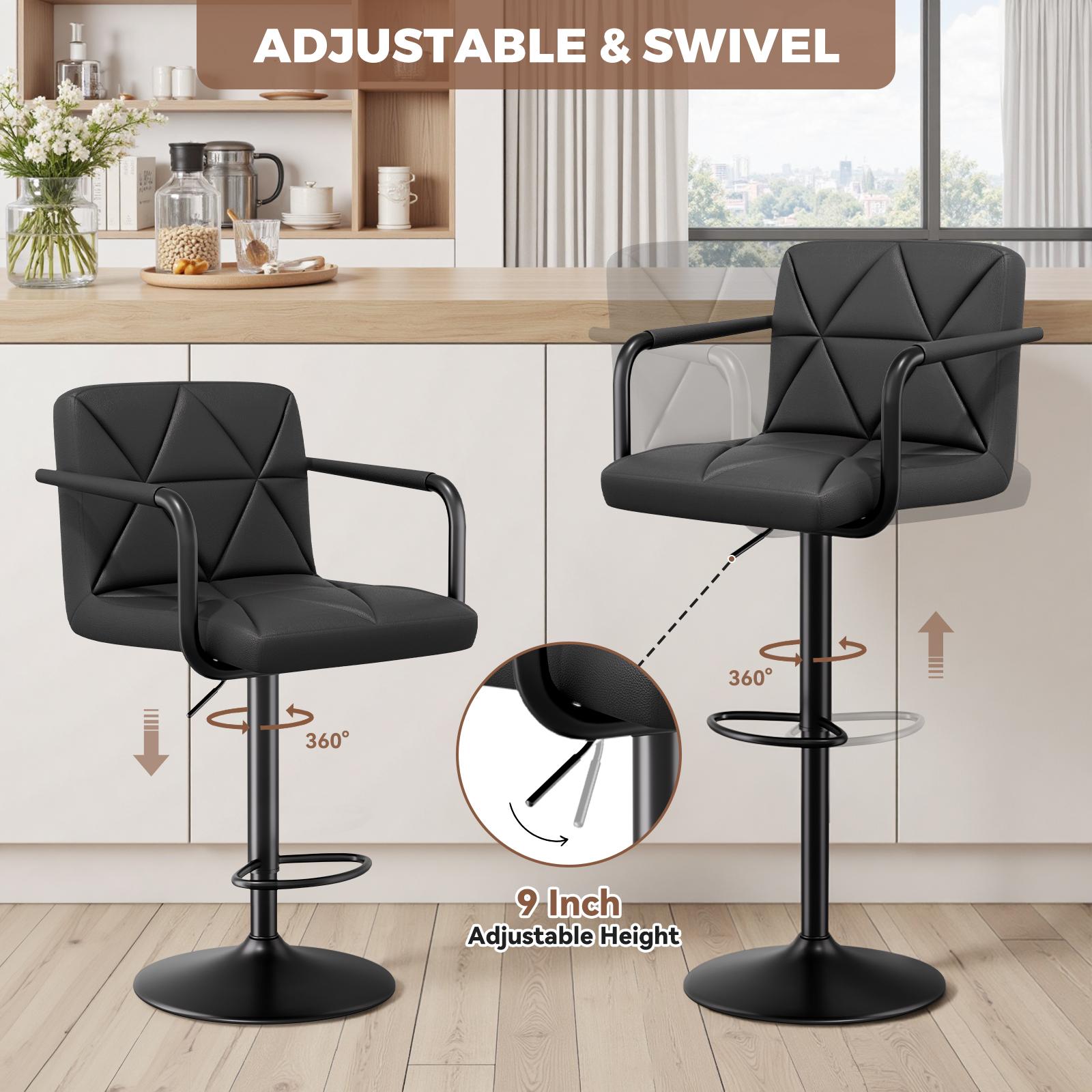 Set of 2 Barstools, Adjustable Height 25.5-34.5 IN with Back & Arms, Swivel PU Leather Upholstered Counter Height Bar Chairs