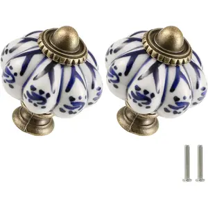 2 Pack Ivory & Deep Blue Pumpkin Ceramic Cabinet Knobs Vintage Drawer Pulls Antique Dresser Pulls with Screws Deep Blue Flower